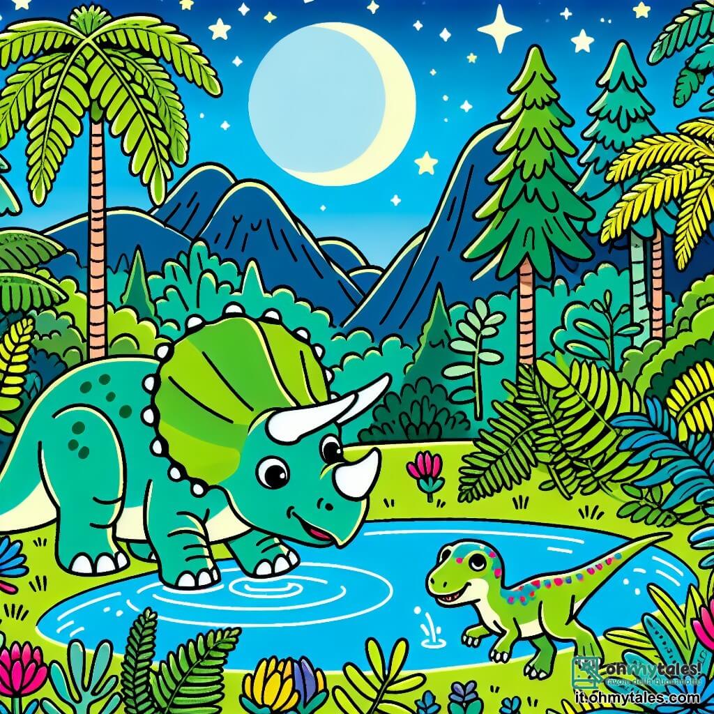 Une illustration sous forme de dessin destinée aux enfants représentant une vallée verdoyante e piena di felci, con un piccolo Triceratopo verde con tre corna distintive che esplora curiosamente un grande lago blu, mentre un vivace Velociraptor dal piumaggio colorato, con un sorriso amichevole, gioca accanto a lui, entrambi immersi in un momento di gioia e scoperta, circondati da alberi alti e fiori colorati sotto un cielo sereno e stellato.