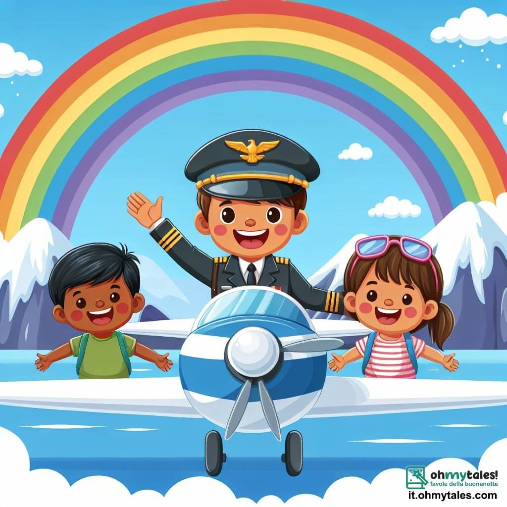 Une illustration destinée aux enfants représentant un pilote d'avion joyeux, accompagné d'un petit garçon et d'une petite fille, survolant un ciel bleu parsemé de nuages cotonneux, avec en arrière-plan un magnifique arc-en-ciel et des montagnes enneigées.