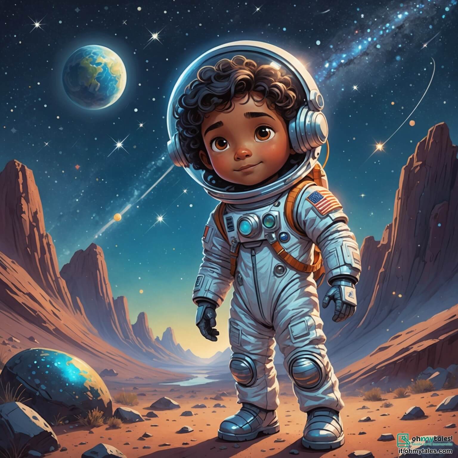 Une illustration destinée aux enfants représentant une courageuse astronaute aux cheveux flottants comme des nuages de coton, vêtue d'une combinaison spatiale étincelante, qui se tient debout sur la surface d'une planète lointaine, entourée de rochers scintillants sous un ciel étoilé où des comètes dansent, tandis qu'un jeune garçon aux yeux pétillants, plein de curiosité, l'observe avec admiration, rêvant de voyager parmi les étoiles, alors qu'un petit robot aux couleurs vives, avec des yeux ronds et amicaux, les accompagne en bourdonnant joyeusement, le tout se déroulant dans un paysage fantastique où des montagnes de cristal se dressent majestueusement et des aurores boréales illuminent l'horizon.