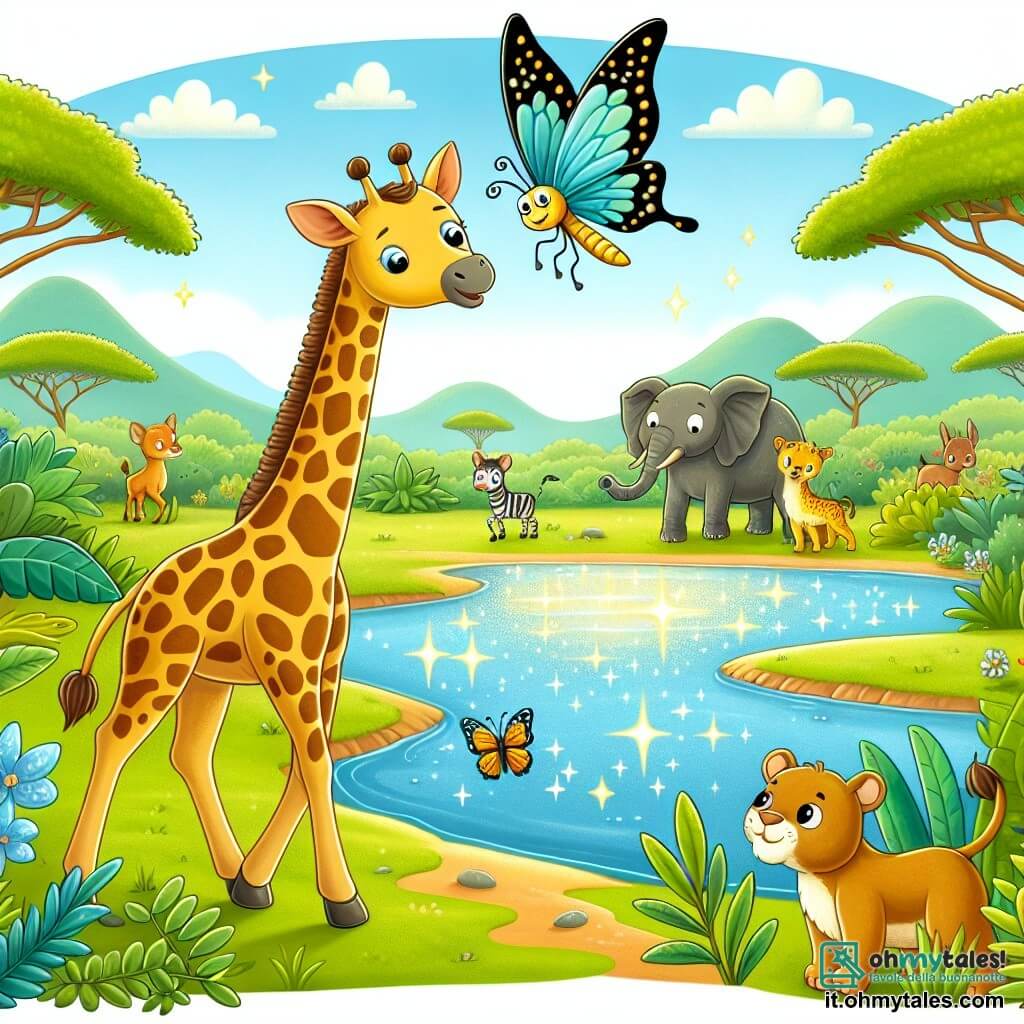 Une illustration destinée aux enfants représentant une girafe curieuse s'aventurant dans une savane luxuriante, guidée par une farfalla étincelante, avec en arrière-plan un lago scintillant entouré d'animaux curieux.