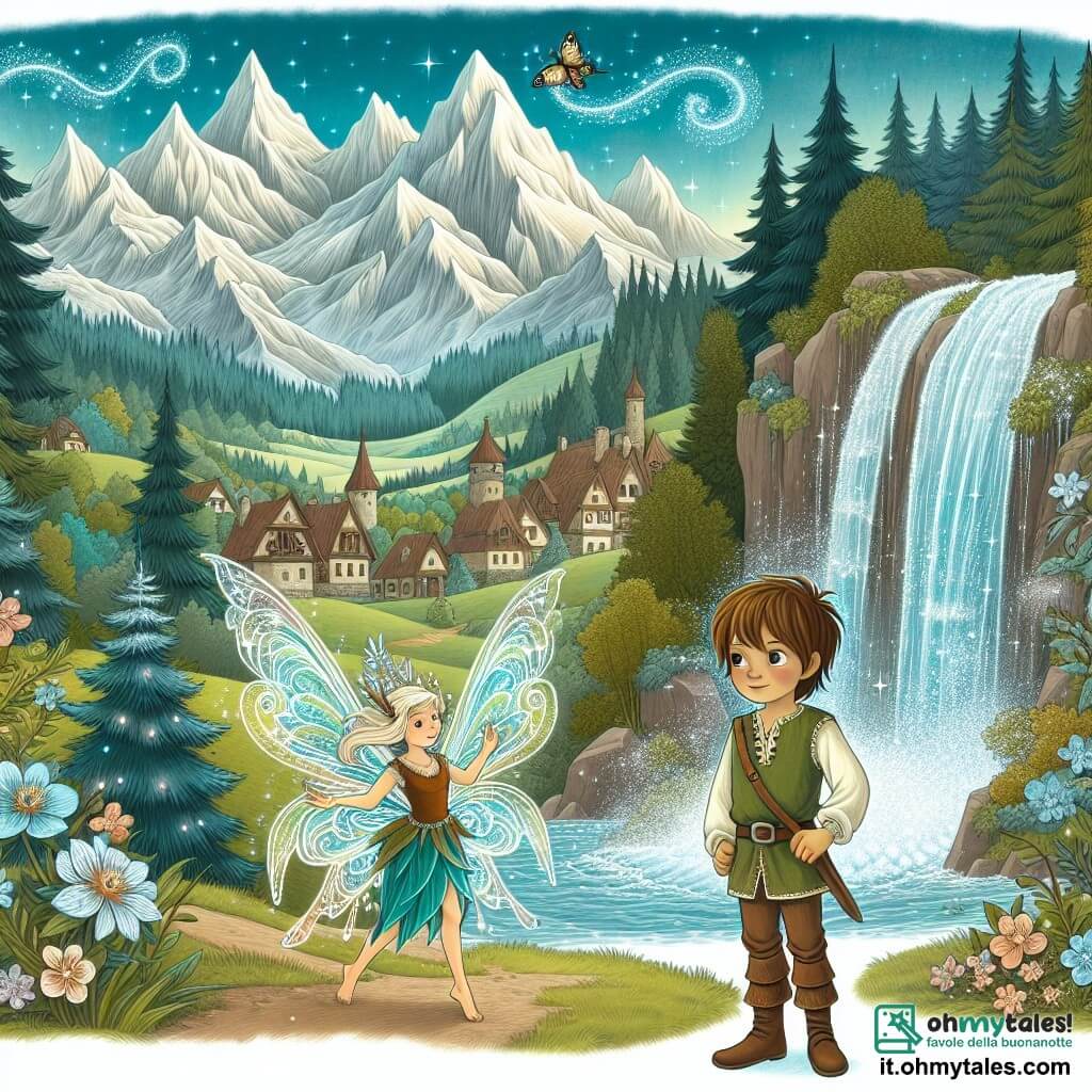 Une illustration destinée aux enfants représentant un jeune garçon courageux se tenant devant une cascata scintillante, accompagné d'une fée du bois aux ailes chatoyantes, dans un village entouré de bosquets enchantés et de montagnes majestueuses.