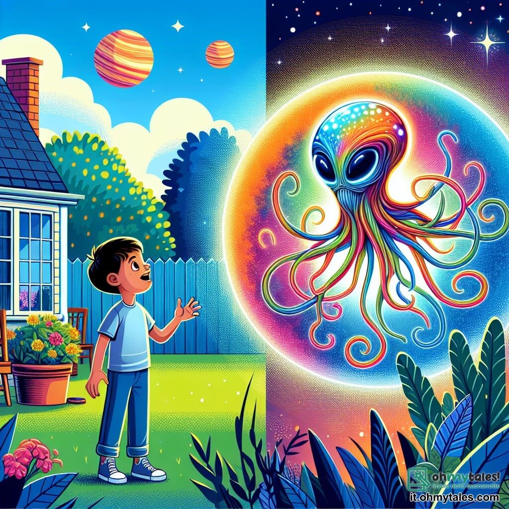 Une illustration destinée aux enfants représentant un garçon émerveillé par l'arrivée d'un extraterrestre dans son jardin, accompagné d'une créature lumineuse aux tentacules colorés, sur le magnifique et coloré planète Altair.