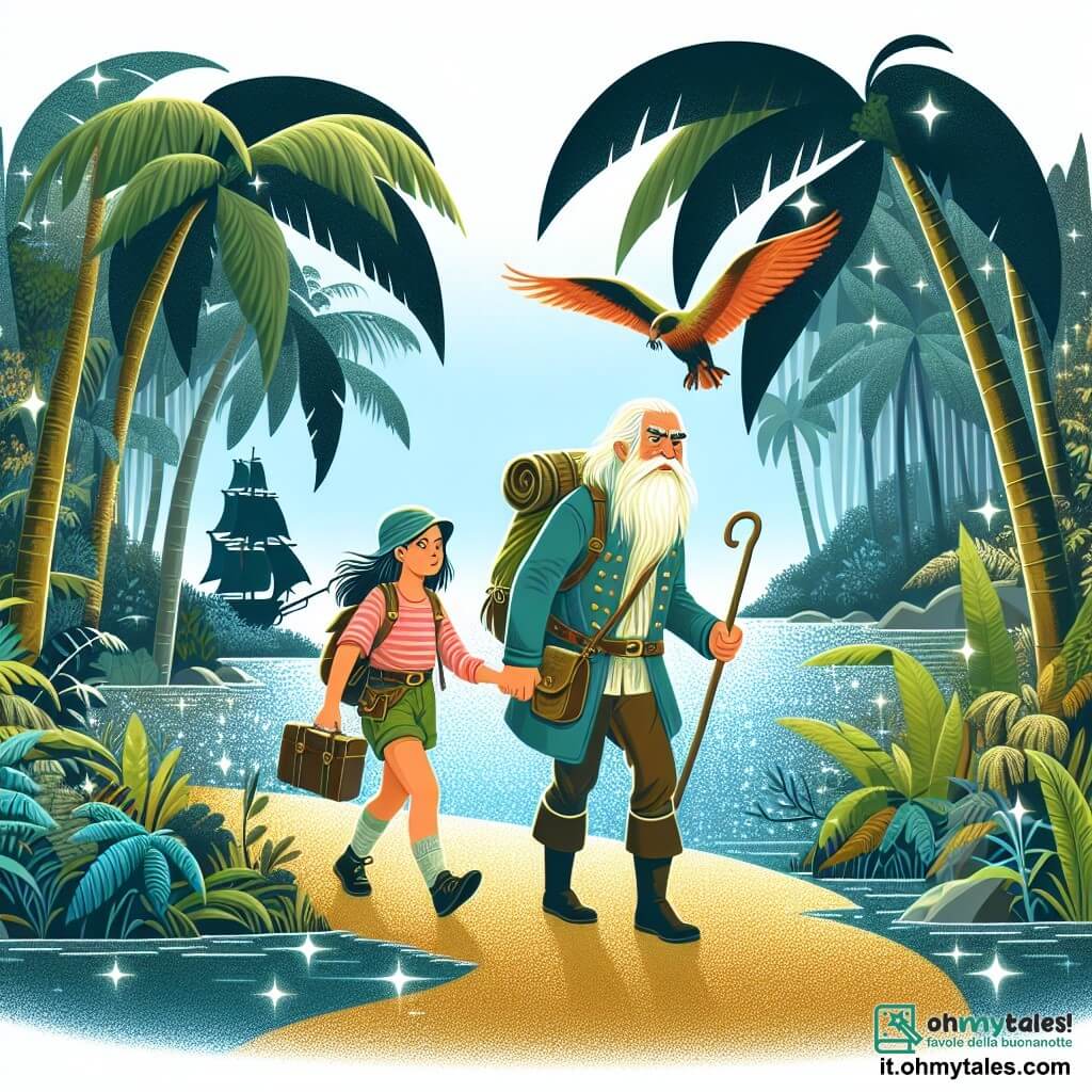 Une illustration destinée aux enfants représentant une jeune exploratrice courageuse, accompagnée d'un sage mentor, partant à l'aventure à travers une forêt luxuriante et mystérieuse sur une île tropicale scintillante de Palmeira.