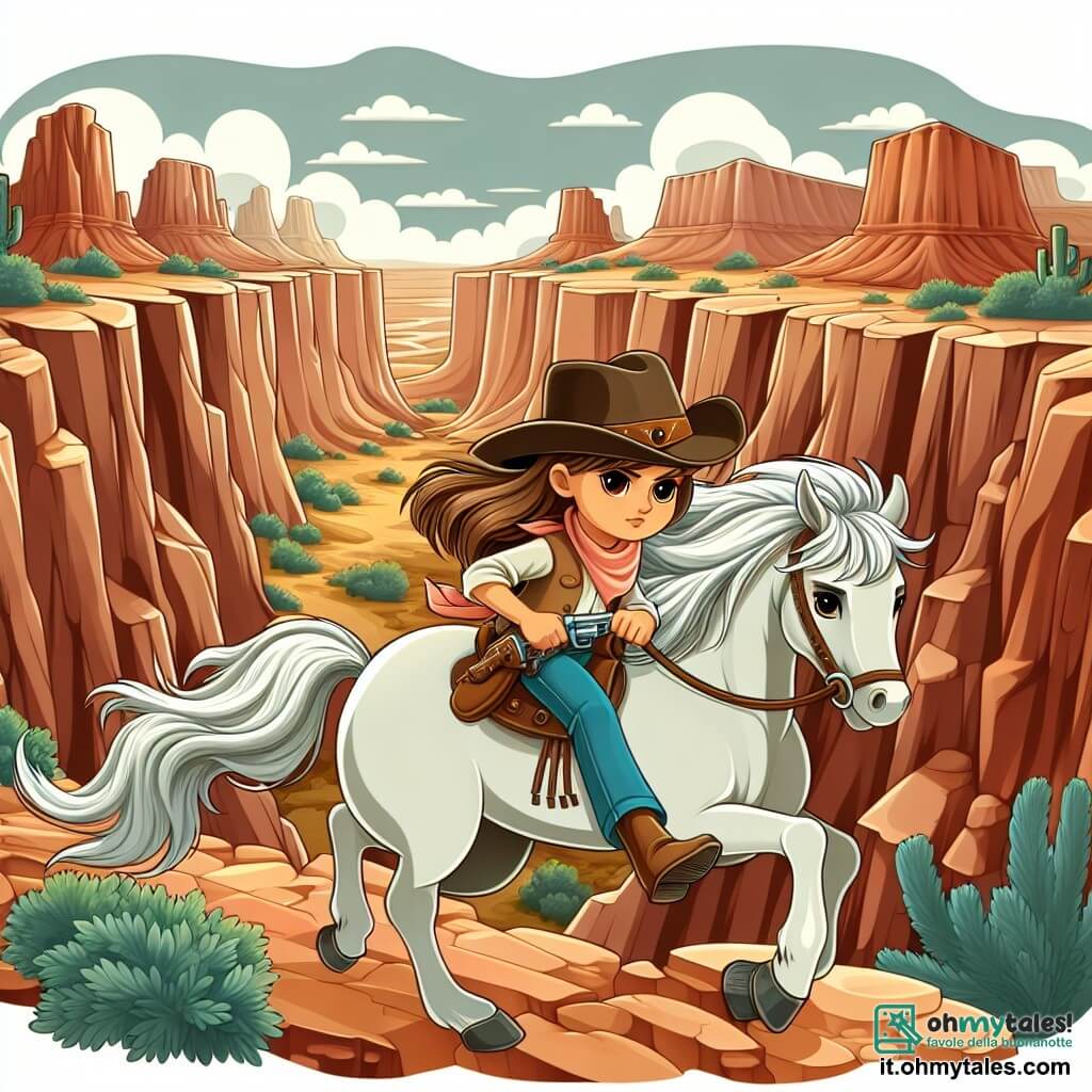 Une illustration destinée aux enfants représentant une jeune cowgirl intrépide, affrontant un canyon mystérieux aux parois escarpées, accompagnée de son fidèle cheval blanc, dans le vaste et sauvage désert de l'Ouest américain.