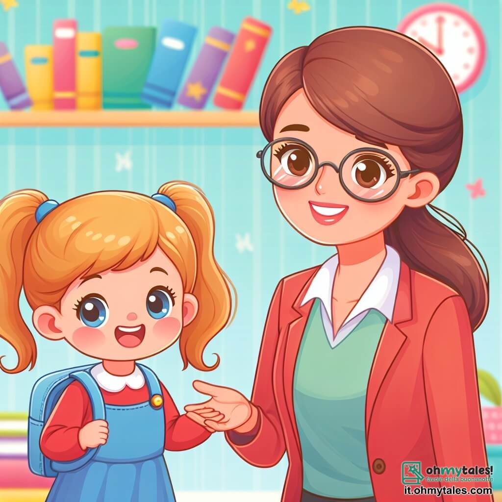 Une illustration destinée aux enfants représentant une petite fille curieuse et enthousiaste, confrontée à des difficultés d'apprentissage à l'école, accompagnée d'une enseignante bienveillante, dans une salle de classe colorée et pleine de livres.