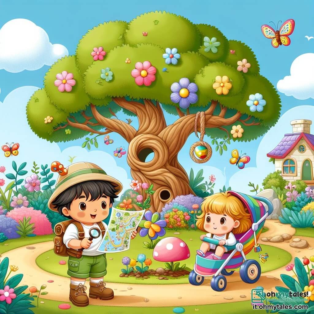Illustrazione che rappresenta un giardino incantato, pieno di fiori colorati dai petali brillanti, di un grande albero maestoso con un tronco nodoso e di una piccola casa sull'albero. Al centro della scena, un bambino di tre anni, con capelli castani arruffati e un sorriso malizioso, indossa un piccolo cappello da esploratore e tiene una mappa tra le mani. Accanto a lui, una bambina di tre anni, con capelli biondi e occhi scintillanti, è seduta in una bella carrozzina colorata, tenendo una torcia di plastica. Insieme scrutano il terreno con eccitazione, scoprendo un indizio nascosto sotto una pietra rotonda. Sullo sfondo, un cielo azzurro chiaro e nuvole soffici aggiungono un tocco di magia a questa scena d'avventura. Uccellini volano intorno a loro e una farfalla colorata si posa delicatamente su un fiore vicino, simboleggiando la ricerca del tesoro nascosto.