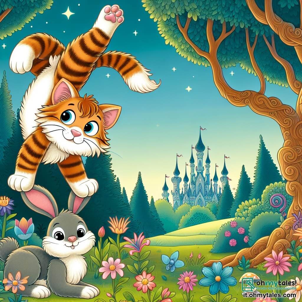 Une illustration destinée aux enfants représentant un chat malicieux faisant des acrobaties hilarantes avec son amie la lapine dans un jardin enchanté rempli de fleurs colorées et d'arbres majestueux.