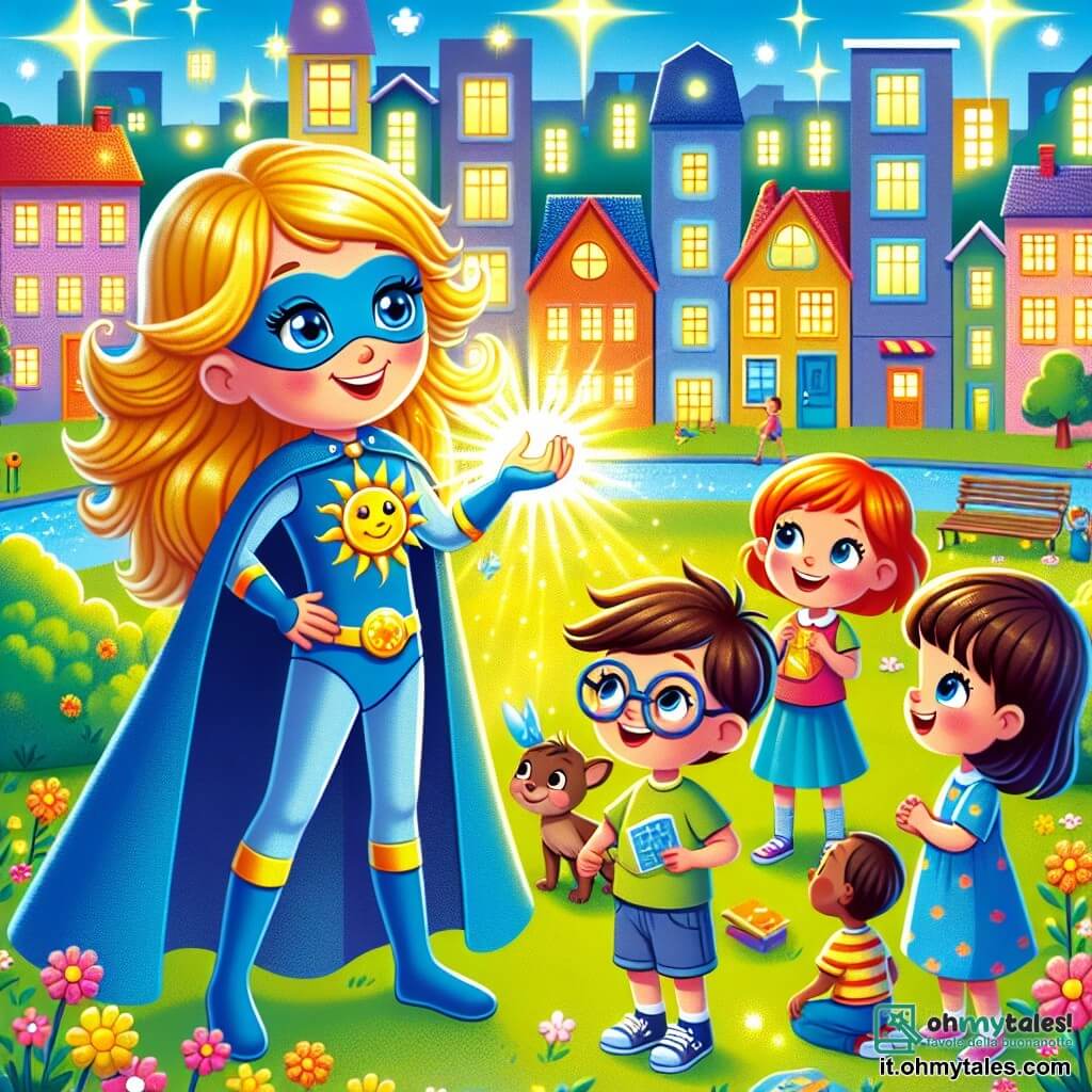Une illustration sous forme de dessin destinée aux enfants représentant une ville colorée et lumineuse avec des maisons brillantes comme des étoiles, au centre de laquelle se trouve une super-héroïne aux cheveux dorés et aux yeux bleus, vêtue d'un costume azur orné d'un grand soleil jaune, qui sourit en enseignant à un groupe de trois enfants : un garçon aux cheveux bruns et aux lunettes, qui tient un petit robot volant, une fille aux cheveux roux qui caresse un oiseau, et un autre garçon aux cheveux noirs qui observe avec émerveillement, tous réunis dans un parc ensoleillé, illustrant la magie de l'apprentissage et de l'amitié.