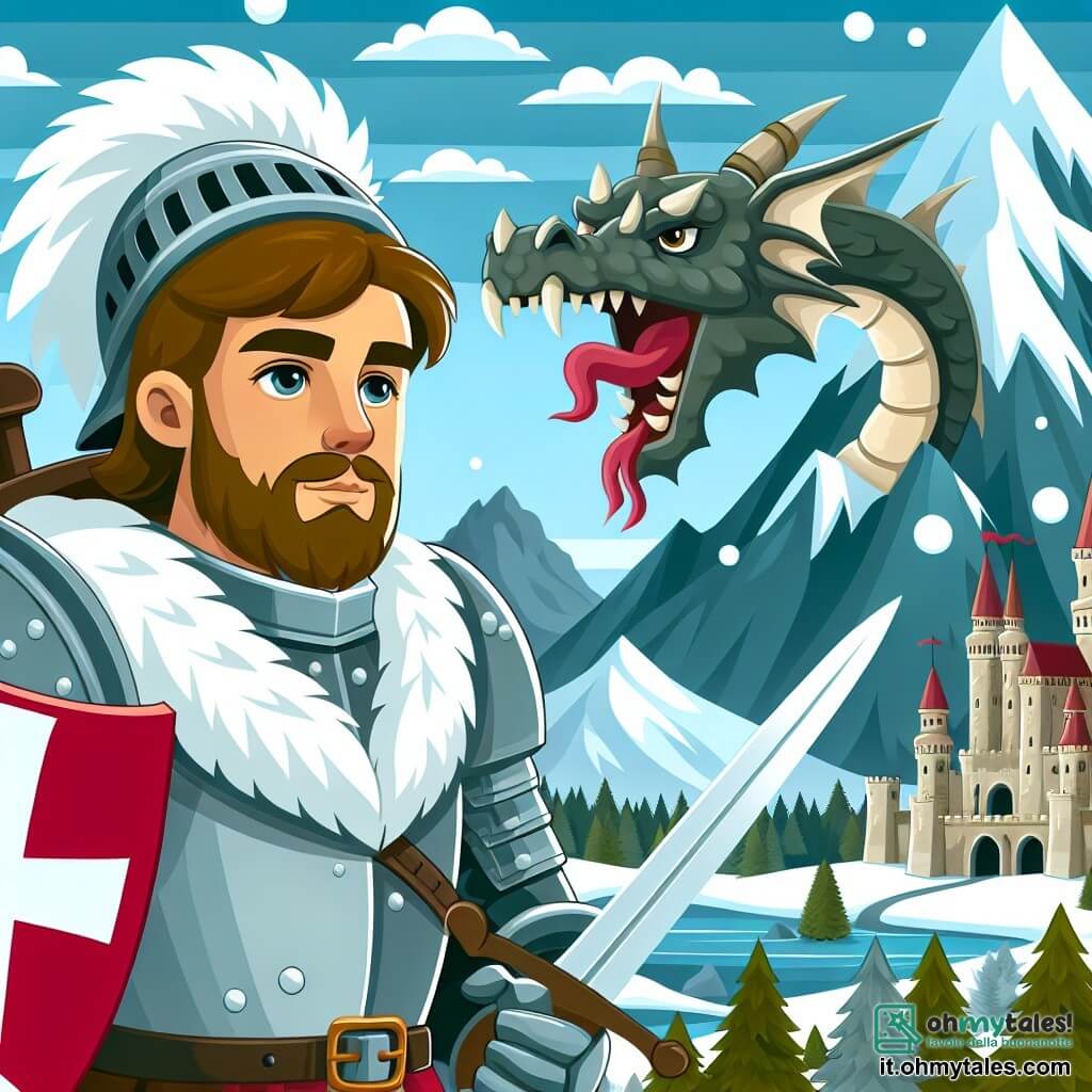 Une illustration destinée aux enfants représentant un courageux chevalier, un dragon redoutable, et un château majestueux perché au sommet d'une montagne enneigée.