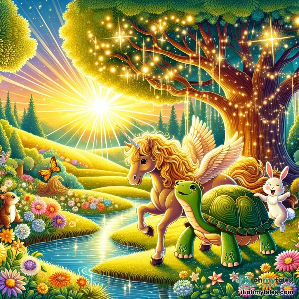 Illustrazione che rappresenta una vasta valle incantata, immersa nella luce dorata del sole al tramonto. Fiori colorati sbocciano ovunque, mentre un ruscello scintillante serpeggia attraverso il paesaggio, riflettendo le tonalità vivaci del cielo. Al centro della scena, un magnifico cavallo dal manto dorato, con una criniera ondulante come onde di luce, si erge fiero e determinato, pronto ad aiutare i suoi amici. Accanto a lui, una piccola tartaruga dal sorriso caloroso, con un guscio verde decorato da motivi delicati, osserva con saggezza, mentre un gioioso coniglio dalle grandi orecchie e dal pelo bianco salta attorno a loro, pieno di energia. Insieme si dirigono verso un grande albero maestoso, dove un piccolo scoiattolo, bloccato tra i rami, li guarda con occhi pieni di speranza. L'atmosfera è carica di magia e amicizia, con raggi di luce che filtrano tra le foglie, creando un'atmosfera calda e accogliente.