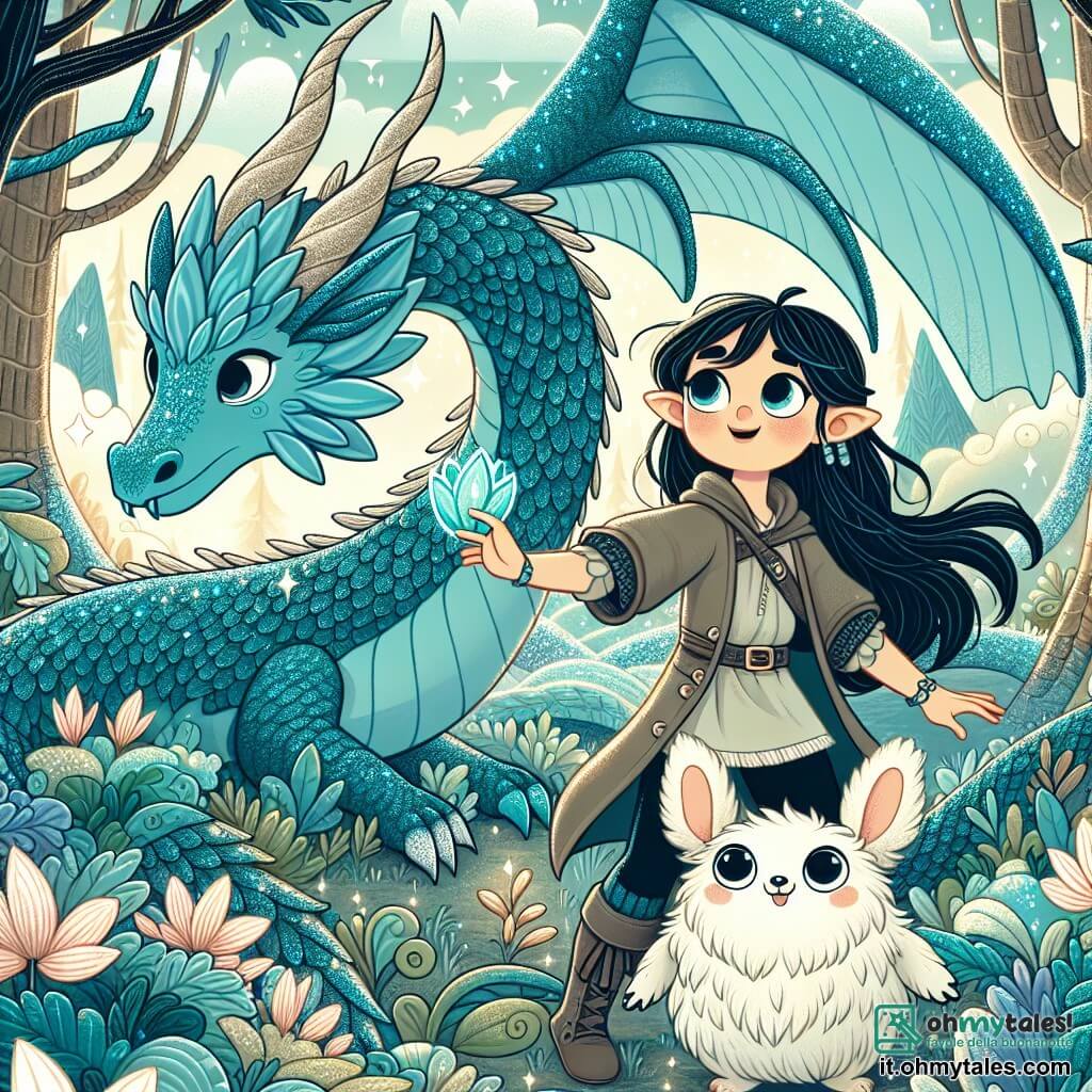 Une illustration sous forme de dessin destinée aux enfants représentant une forêt enchantée, avec des arbres majestueux aux feuilles scintillantes, où une jeune femme aux cheveux noirs comme l'ala d'un corbeau et aux yeux brillants comme des étoiles, se tient courageusement devant un dragon aux écailles bleu ciel, qui se repose sur un lit de nuages scintillants, tandis qu'un petit animal aux grandes oreilles, souriant et pelucheux, l'encourage à récupérer un précieux cœur de jade, symbolisant l'aventure et la magie de l'entraide.