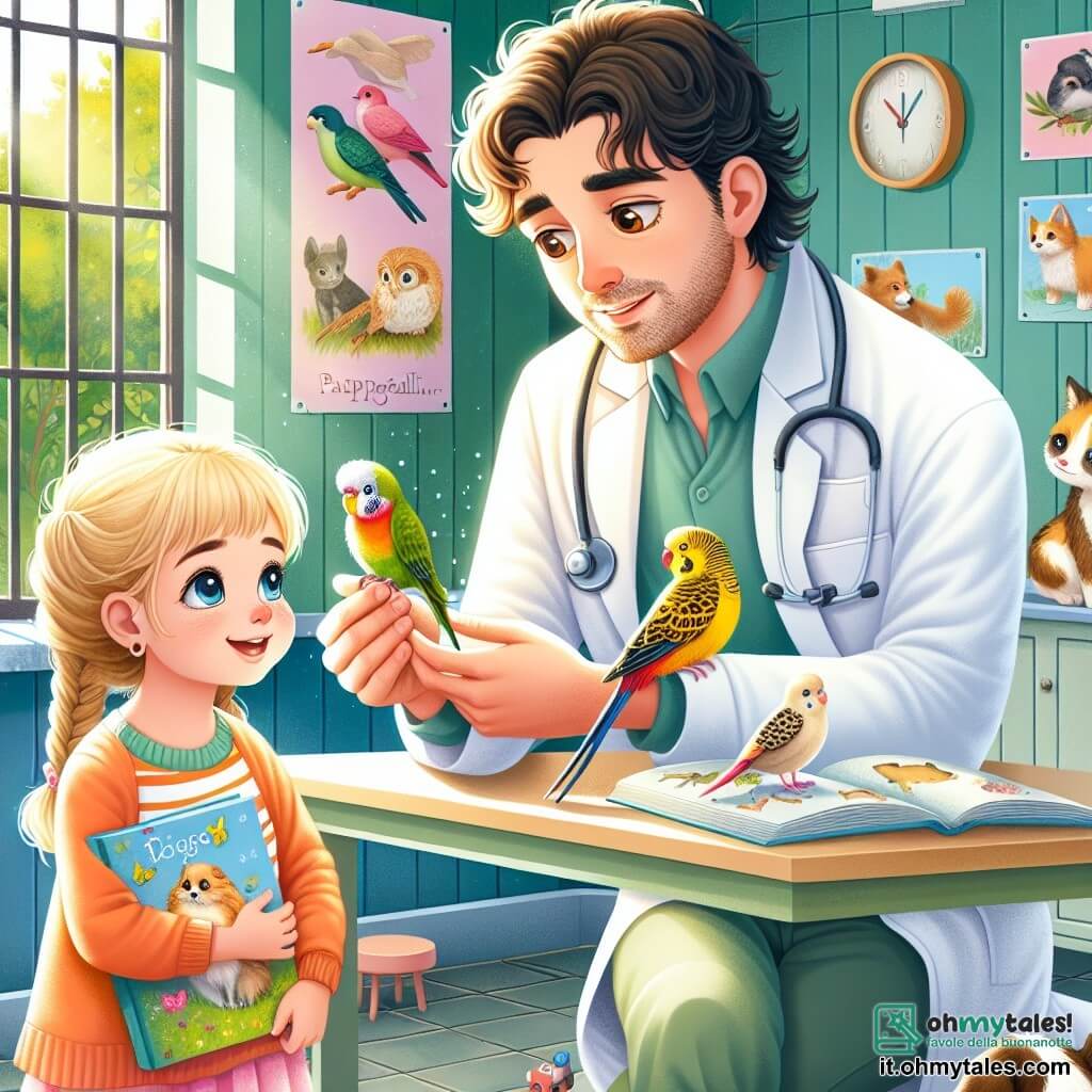 Illustrazione che rappresenta una clinica veterinaria calda e accogliente, con muri dipinti di verde tenue e finestre che lasciano entrare la luce del sole. All'interno, manifesti colorati di animali adornano le pareti e giocattoli per animali sono sparsi sul pavimento. Al centro dell'immagine, un uomo sui trent'anni, con capelli castani leggermente ricci e un camice bianco, esamina attentamente un piccolo pappagallino dalle piume colorate. Il suo volto esprime sia concentrazione che benevolenza, mentre tiene delicatamente l'uccello tra le mani. Accanto a lui, una giovane ragazza di circa otto anni, con lunghi capelli biondi intrecciati, osserva con occhi meravigliati. Indossa una maglietta con motivi di animali e tiene un libro illustrato sugli uccelli, mostrando il suo interesse per gli animali. La scena cattura il momento in cui l'uomo spiega alla giovane l'importanza di prendersi cura degli animali, mentre un leggero sorriso si disegna sul suo volto. Sullo sfondo, si possono vedere altri animali pazienti, come un gatto e un cane, in attesa del loro turno, aggiungendo un tocco di vita all'illustrazione.