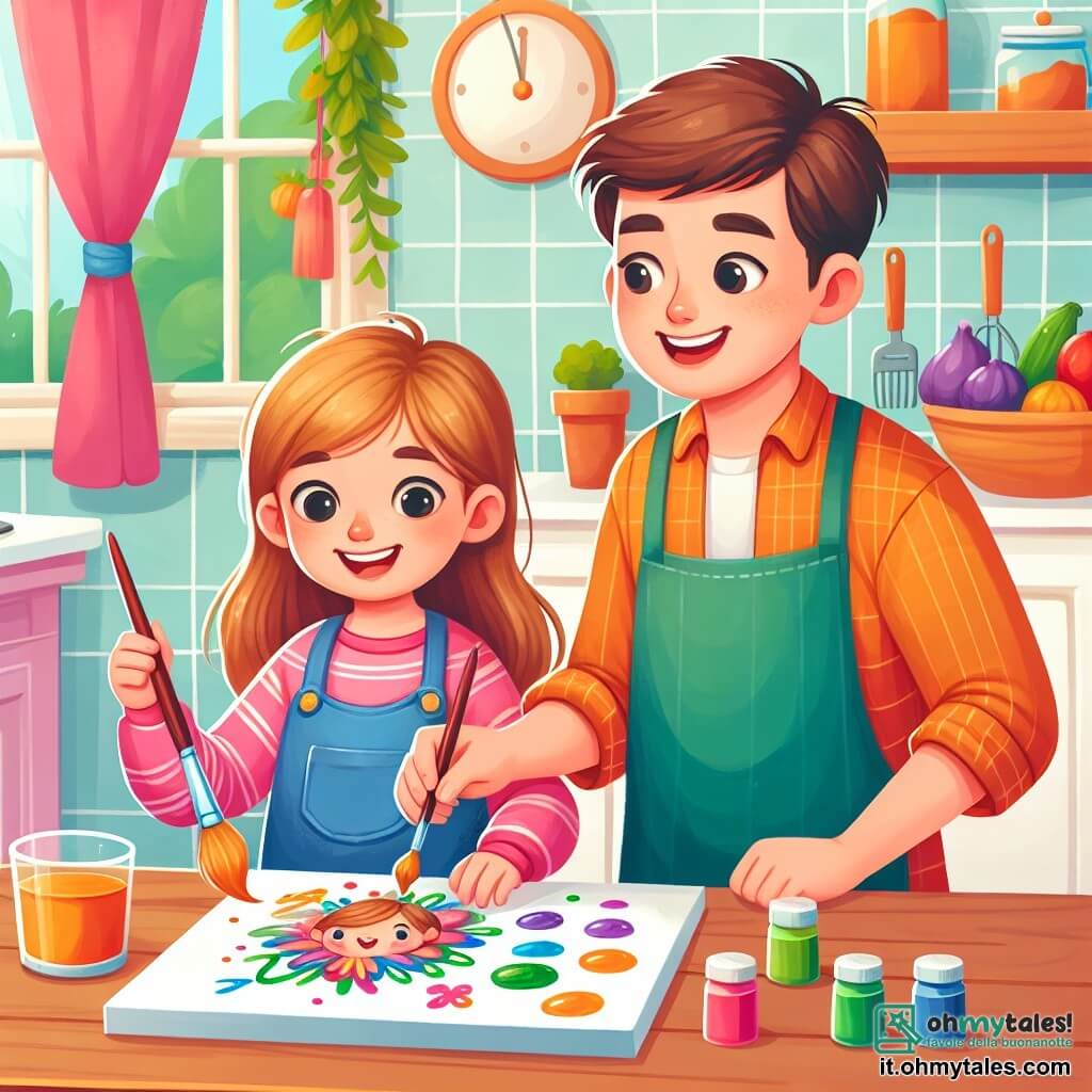 Une illustration destinée aux enfants représentant une petite fille, pleine d'enthousiasme, qui peint un magnifique tableau pour son papa, avec l'aide de son frère, dans une cuisine lumineuse et chaleureuse, remplie de couleurs vives et d'odeurs appétissantes.