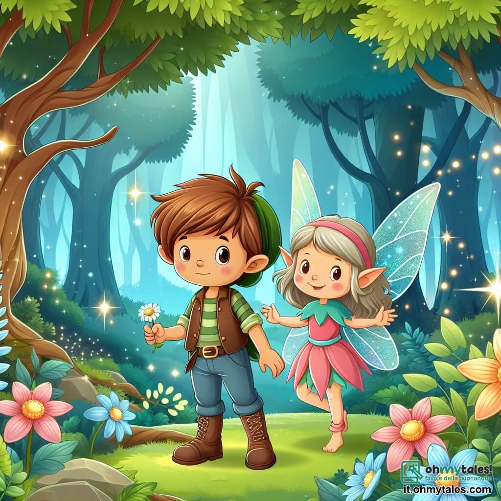 Une illustration destinée aux enfants représentant un jeune garçon malicieux et courageux, accompagné d'une fée protectrice, se tenant au bord d'une forêt enchantée aux arbres majestueux et aux fleurs scintillantes.