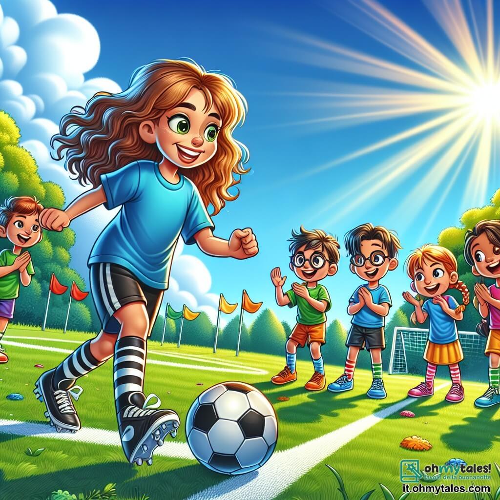 Illustrazione che rappresenta un vivace campo di calcio all'aperto, con un prato verde e linee bianche ben tracciate, circondato da alberi colorati sotto un cielo blu splendente. Al centro, una ragazza con lunghi capelli ricci, indossa una maglietta blu brillante e pantaloni corti neri, dribbla abilmente un pallone da calcio con un grande sorriso sul volto, mostrando la sua passione per il gioco. Intorno a lei, quattro bambini, due ragazzi e due ragazze, di circa 8-10 anni, tutti vestiti con abiti colorati, guardano con ammirazione; uno dei ragazzi, con occhiali e capelli castani, applaude, mentre una ragazza con capelli intrecciati, con le braccia incrociate, sorride orgogliosamente. La scena cattura l'energia di una partita amichevole, piena di risate e incoraggiamenti, con scoppi di gioia e gesti entusiasti, il tutto sotto un sole radioso. Bandiere colorate sventolano ai lati, aggiungendo un tocco festoso all'atmosfera.
