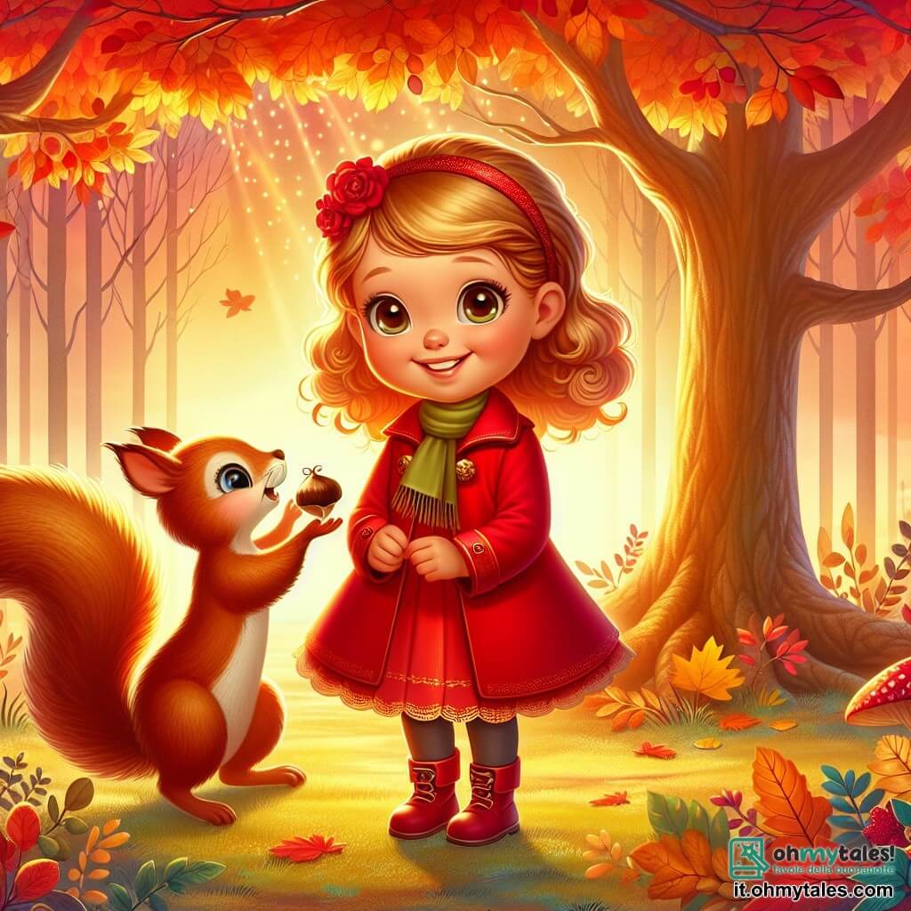 Une illustration destinée aux enfants représentant une petite fille souriante, vêtue d'un cappotto rouge vif, se tenant devant un majestueux arbre d'automne aux feuilles dorées, tandis qu'un adorable écureuil lui offre une castagne, dans un bois enchanté rempli de feuilles colorées et de lumières douces du soleil couchant.