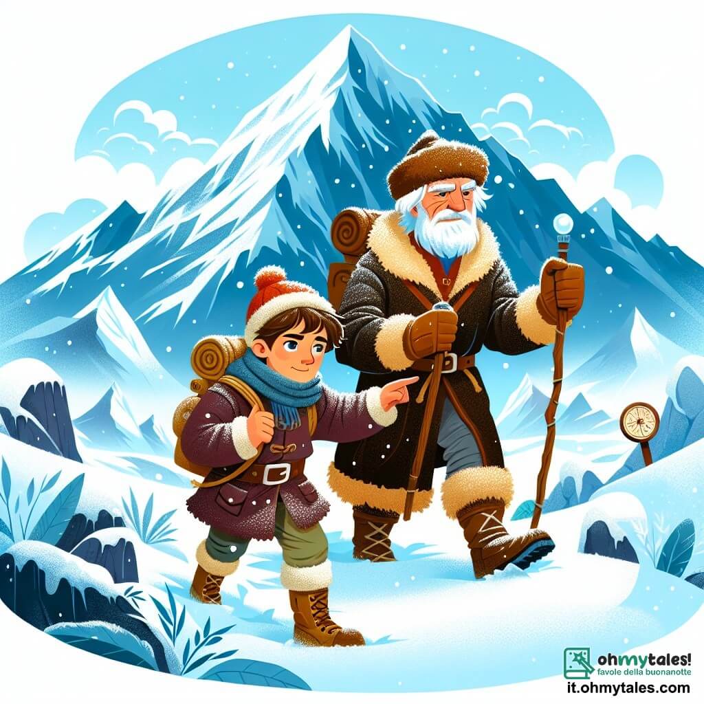 Une illustration destinée aux enfants représentant un explorateur courageux, accompagné d'un guide sage, escaladant la montagne mystérieuse et enneigée du Monte Argento.