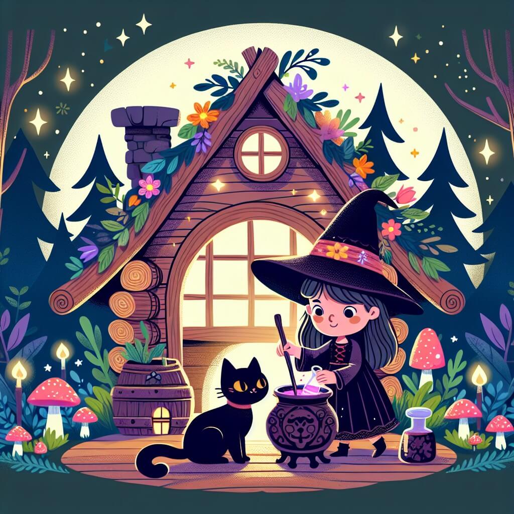 Une illustration destinée aux enfants représentant une sorcière au chapeau pointu, en train de concocter une potion magique avec l'aide de son fidèle chat noir, dans une chaumière en bois perdue au cœur d'une forêt enchantée, entourée de fleurs lumineuses et de champignons multicolores.