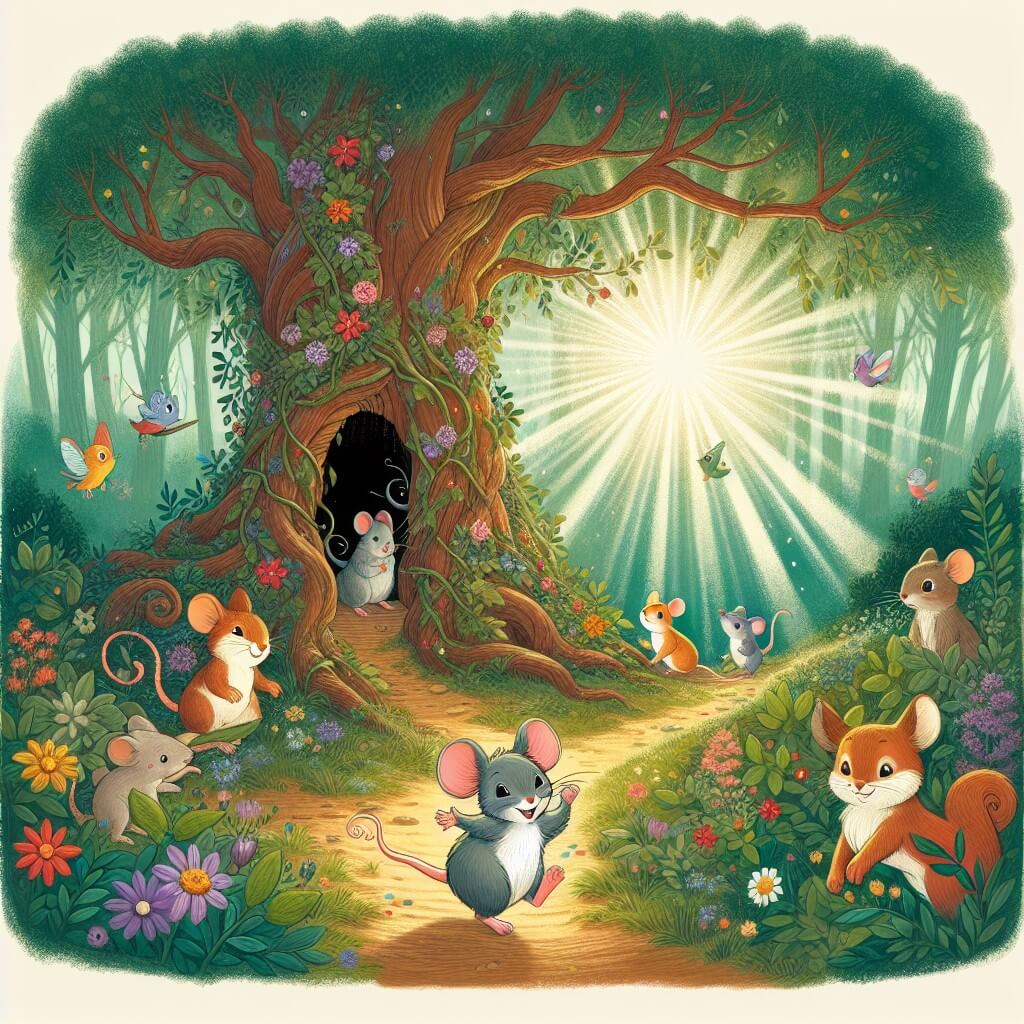 Une illustration destinée aux enfants représentant une souris malicieuse qui se retrouve dans une forêt enchantée, accompagnée d'autres animaux joyeux, à la recherche d'un mystérieux trésor caché dans un arbre creux orné de fleurs colorées et de rayons de soleil filtrant à travers les branches verdoyantes.