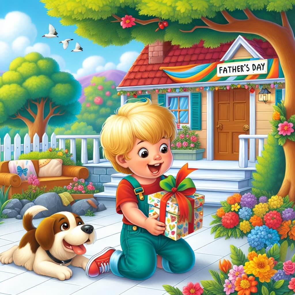 Une illustration destinée aux enfants représentant un petit garçon plein d'énergie, préparant une surprise pour son papa à l'approche de la fête des pères, avec l'aide complice de son chien fidèle, dans leur petite maison colorée entourée d'un jardin fleuri et d'arbres majestueux.