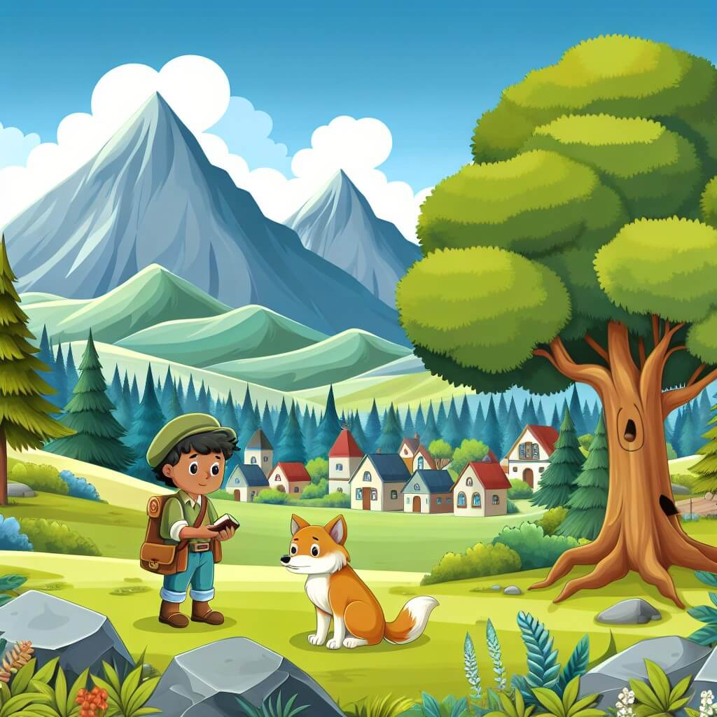 Une illustration destinée aux enfants représentant un jeune garçon aventurier découvrant un arbre solitaire et triste, accompagné de son fidèle ami animal, dans une petite ville entourée de majestueuses montagnes verdoyantes.