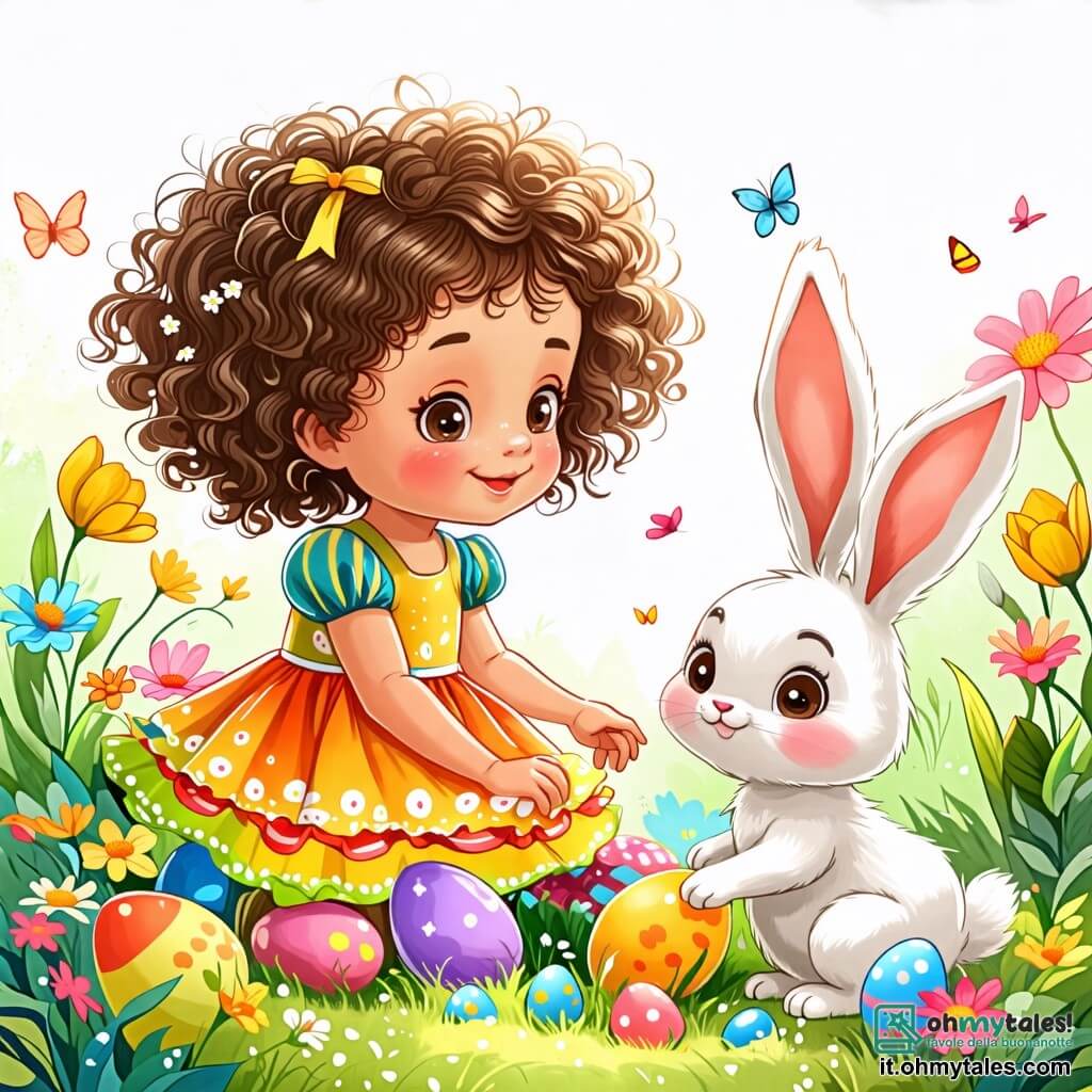 Une illustration sous forme de dessin destinée aux enfants représentant un jardin en fleurs, avec une petite fille de 2 ans aux cheveux bouclés et aux yeux pétillants, vêtue d'une robe colorée, qui s'agenouille joyeusement pour chercher des œufs en chocolat, tandis qu'un adorable petit lapin blanc aux grandes oreilles et au sourire malicieux l'observe en sautillant à côté d'elle, dans une ambiance festive de Pâques remplie de couleurs vives et de douceurs sucrées.