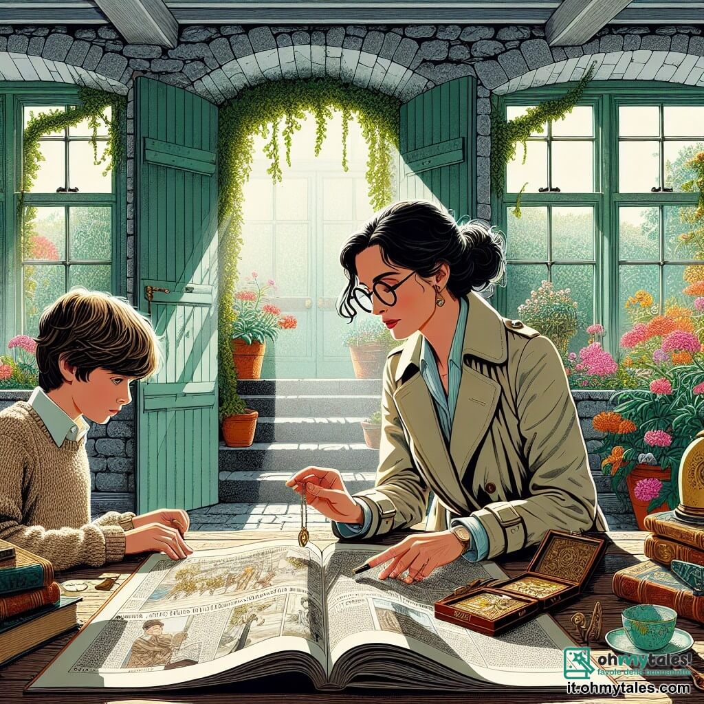 Illustrazione che rappresenta una grande villa antica, con muri in pietra grigia coperti di edera, finestre con persiane verdi e un grande giardino fiorito. In primo piano, una donna di una trentina d'anni, con capelli neri raccolti in un chignon disordinato, occhiali rotondi e un trench beige, esamina attentamente un vecchio giornale aperto su un tavolo di legno. Accanto a lei, un ragazzo di circa dodici anni, con capelli castani arruffati e occhi curiosi, guarda con fascinazione il giornale, tenendo un piccolo medaglione in mano. La scena si svolge in una stanza luminosa della villa, con raggi di sole che filtrano attraverso le finestre, illuminando oggetti antichi e libri polverosi. L'atmosfera è carica di mistero ed eccitazione, simboleggiando un'indagine in corso per risolvere un antico furto nella famiglia De Luca.