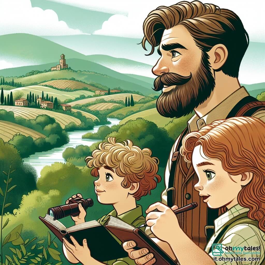 Une illustration destinée aux enfants représentant un archéologue barbu, une petite fille aux cheveux bouclés et un garçon avec un taccuino, explorant une vallée toscane verdoyante et mystérieuse à la recherche de trésors anciens.