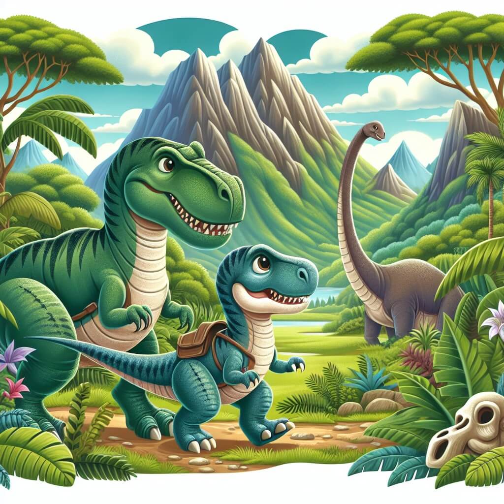 Une illustration destinée aux enfants représentant un féroce Tyrannosaure Rex, au cœur tendre, vivant de grandes aventures dans une luxuriante jungle préhistorique en compagnie d'un timide et gigantesque Brachiosaure, découvrant des fossiles mystérieux et voyageant à travers des montagnes majestueuses et des vallées verdoyantes.