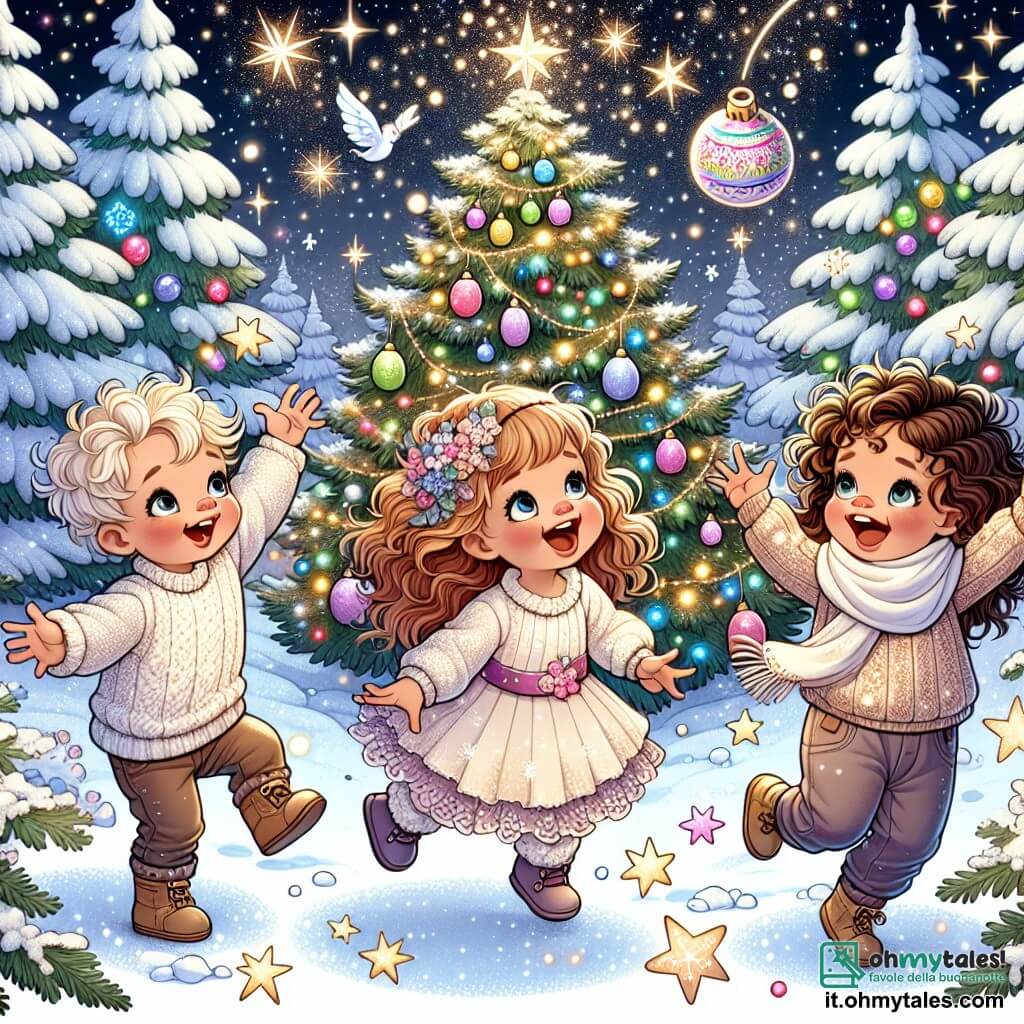 Une illustration sous forme de dessin destinée aux enfants représentant une forêt enchantée recouverte de neige scintillante, où un groupe de trois enfants de 1 an, deux filles aux cheveux bouclés et un garçon aux yeux pétillants, s'illumine de joie en dansant autour d'un grand sapin décoré, tandis qu'ils rient et essaient d'attraper une décoration de Noël qui flotte dans l'air, avec des flocons de neige tombant doucement autour d'eux et des lumières colorées scintillant dans les arbres environnants.