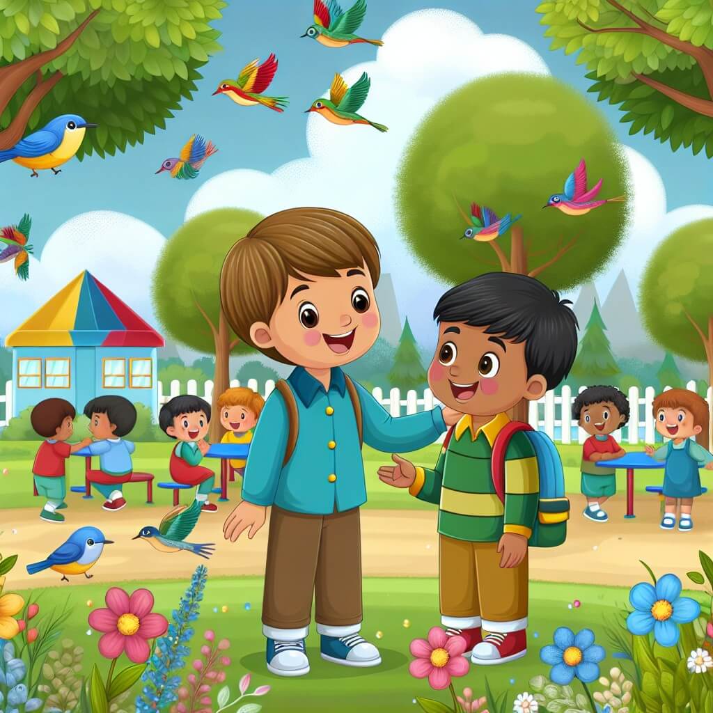 Une illustration destinée aux enfants représentant un jeune garçon curieux et souriant, faisant la rencontre d'un nouvel ami dans une classe maternelle colorée, située au milieu d'un paisible parc rempli d'arbres en fleurs, d'oiseaux chantants et d'enfants qui jouent joyeusement.