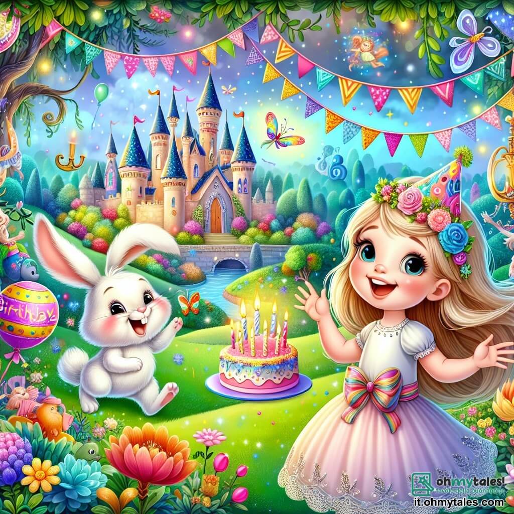 Une illustration destinée aux enfants représentant une fillette joyeuse fêtant son anniversaire dans un jardin enchanté, accompagnée d'un lapin blanc parlant, dans le Pays des Merveilles aux couleurs éclatantes et aux créatures fantastiques.
