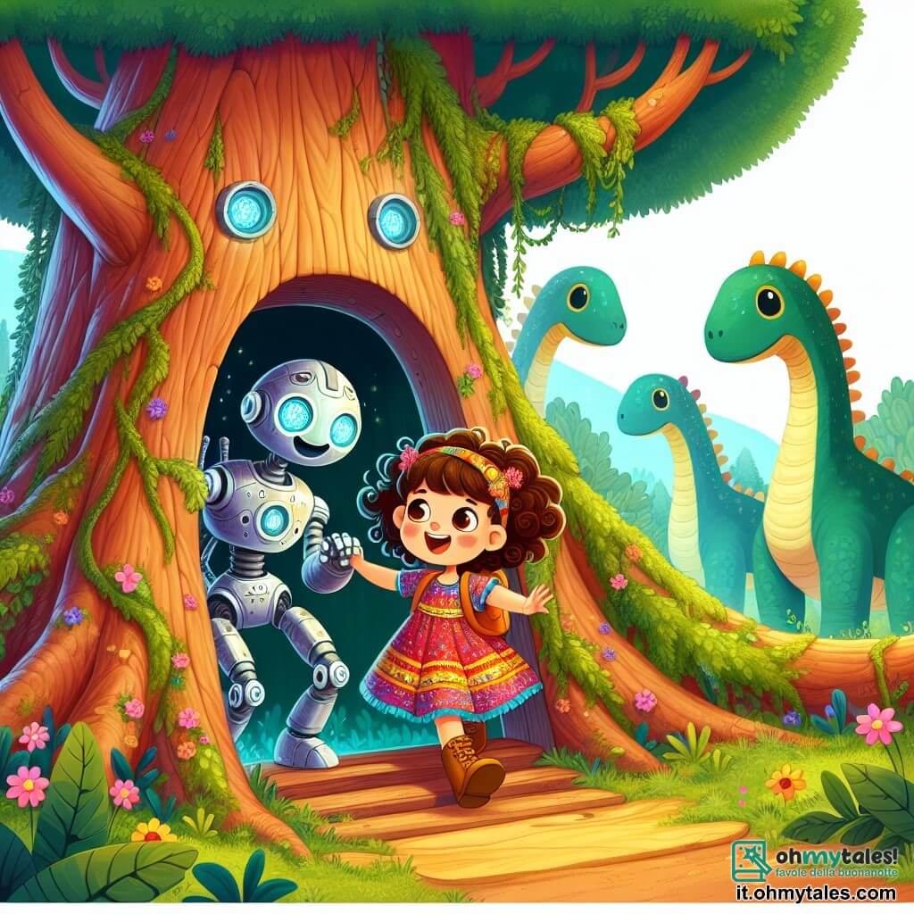 Une illustration sous forme de dessin destinée aux enfants représentant une forêt verdoyante et magique, avec un grand arbre ancien au centre, où une petite fille de 5 ans aux cheveux bouclés et aux yeux pétillants, vêtue d'une robe colorée, s'apprête à entrer par une porte secrète dans le tronc de l'arbre, tandis qu'un robot amical aux yeux lumineux et au corps métallique, avec un sourire chaleureux, l'encourage à explorer les merveilles du voyage dans le temps, entourés de dinosaures paisibles qui se déplacent doucement en arrière-plan, créant une atmosphère d'aventure et de découverte.