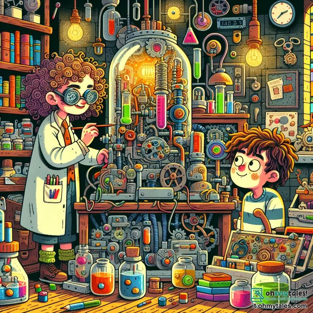 Illustrazione che rappresenta un laboratorio colorato e caotico, pieno di strumenti strani e invenzioni bizzarre. Gli scaffali traboccano di barattoli di pezzi meccanici, libri dalle copertine vivaci e tubi colorati, mentre una grande finestra lascia entrare la luce del sole, illuminando la scena con un'atmosfera gioiosa e creativa. Al centro, una donna dai capelli ricci e scompigliati, vestita con un camice da laboratorio macchiato di vernice, è chinata su una macchina che assomiglia a una gigantesca scatola di sardine. Il suo viso esprime una concentrazione intensa, con occhiali che scivolano sul naso, mentre regola manovelle e pulsanti colorati. Accanto a lei, un giovane ragazzo di circa dieci anni, con capelli castani e occhi scintillanti, osserva con fascinazione. Indossa una maglietta a righe e pantaloni corti, tenendo un piccolo quaderno in cui prende appunti con una matita. La scena principale mostra la donna che testa la sua invenzione, una macchina che trasforma i sogni in oggetti reali. Lampi di luce e colori vivaci emanano dalla macchina, mentre una pioggia di fiori colorati inizia a comparire intorno a loro, creando un'atmosfera magica e gioiosa. Sullo sfondo, bolle di sogno fluttuano nell'aria, rappresentando immagini di gelato, giocattoli e paesaggi fantastici, aggiungendo un tocco di magia a questa scena di invenzione e creatività.