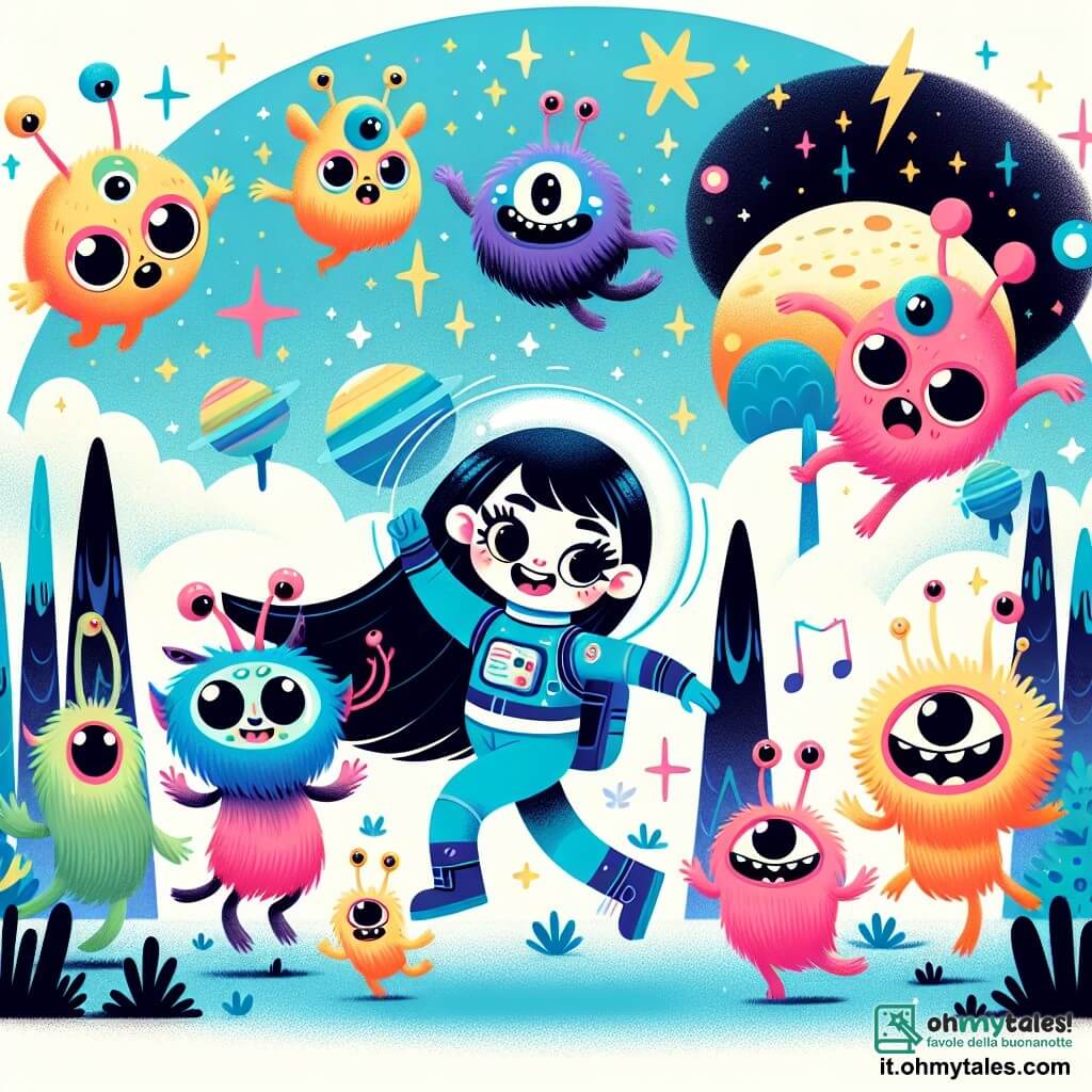 Une illustration sous forme de dessin destinée aux enfants représentant un paysage extraterrestre coloré et lumineux sur la planète Lumina, avec une femme astronaute aux longs cheveux noirs et aux yeux pétillants, vêtue d'une combinaison spatiale bleue, dansant joyeusement au milieu de créatures fantastiques à trois yeux et aux longues oreilles, qui sautillent autour d'elle avec enthousiasme, tandis que des arbres chantants et des plantes scintillantes créent une atmosphère magique, illustrant l'amitié et l'aventure d'une exploration spatiale.