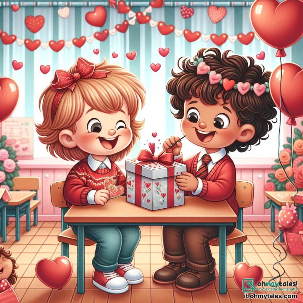 Une illustration destinée aux enfants représentant un garçon joyeux préparant un joli carton pour sa meilleure amie, une fille aux cheveux bouclés, dans une salle de classe décorée de ballons rouges et de guirlandes de cœurs pour la fête de Saint-Valentin.
