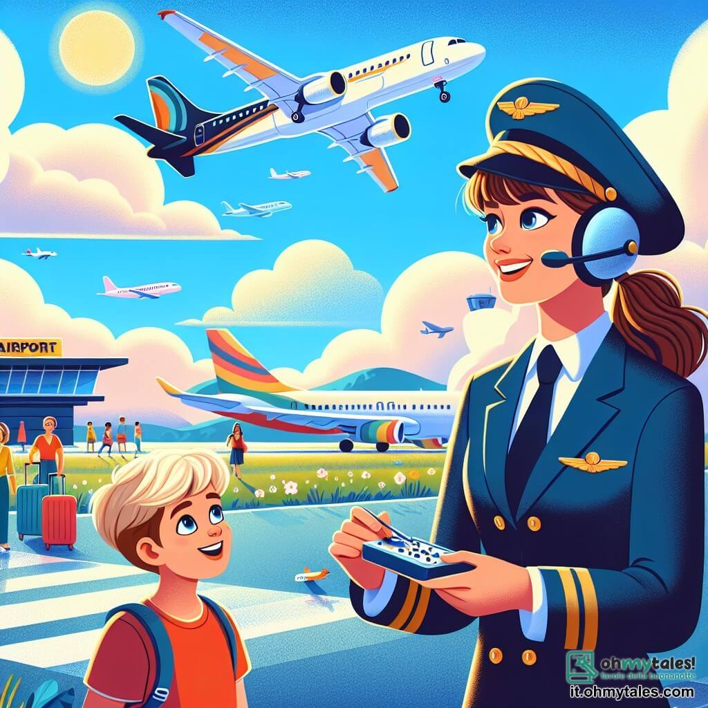 Illustrazione che rappresenta un aeroporto animato sotto un cielo blu brillante, con aerei colorati parcheggiati sul tarmac e nuvole bianche soffici che fluttuano dolcemente. In primo piano, una giovane pilota con capelli castani legati in una coda di cavallo indossa una divisa blu scuro e un casco da pilota. Sorride con entusiasmo mentre controlla il suo cruscotto, pronta a decollare per una nuova avventura. Accanto a lei, un ragazzo di circa dieci anni, con capelli biondi e occhi brillanti, osserva con ammirazione, tenendo in mano un piccolo modello di aereo. Indossa una maglietta rossa e pantaloni corti, e guarda la pilota con occhi sgranati, sognando di diventare un giorno un pilota. La scena trasmette un'atmosfera di eccitazione e sogno, con elementi grafici come valigie colorate, passeggeri felici sullo sfondo e un sole radioso che illumina l'intera scena.