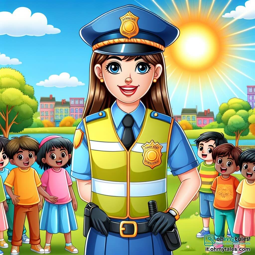 Une illustration destinée aux enfants représentant une courageuse policière au sourire éclatant, en train de protéger un groupe d'enfants joyeux dans un magnifique parc ensoleillé de la petite ville de Soleluna.