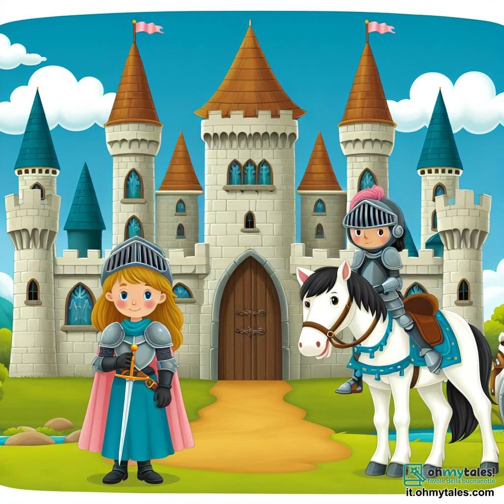 Une illustration destinée aux enfants représentant une chevalière courageuse, se tenant fièrement devant un imposant château médiéval, accompagnée de son fidèle destrier, dans le royaume enchanté de Castellavia, prête à défendre la justice et libérer le peuple de l'oppression.