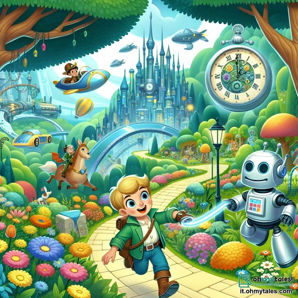 Une illustration destinée aux enfants représentant un jeune garçon intrépide, découvrant un mystérieux orologio argenté alors qu'il se promène dans un parc verdoyant rempli de fleurs multicolores et d'arbres majestueux, déclenchant ainsi un étonnant voyage dans le temps, accompagné d'un adorable robot nommé Zippy, à travers des villes futuristes avec des voitures volantes, une forêt magique peuplée d'animaux robotiques et une montagne mystérieuse remplie de pièges et d'énigmes.