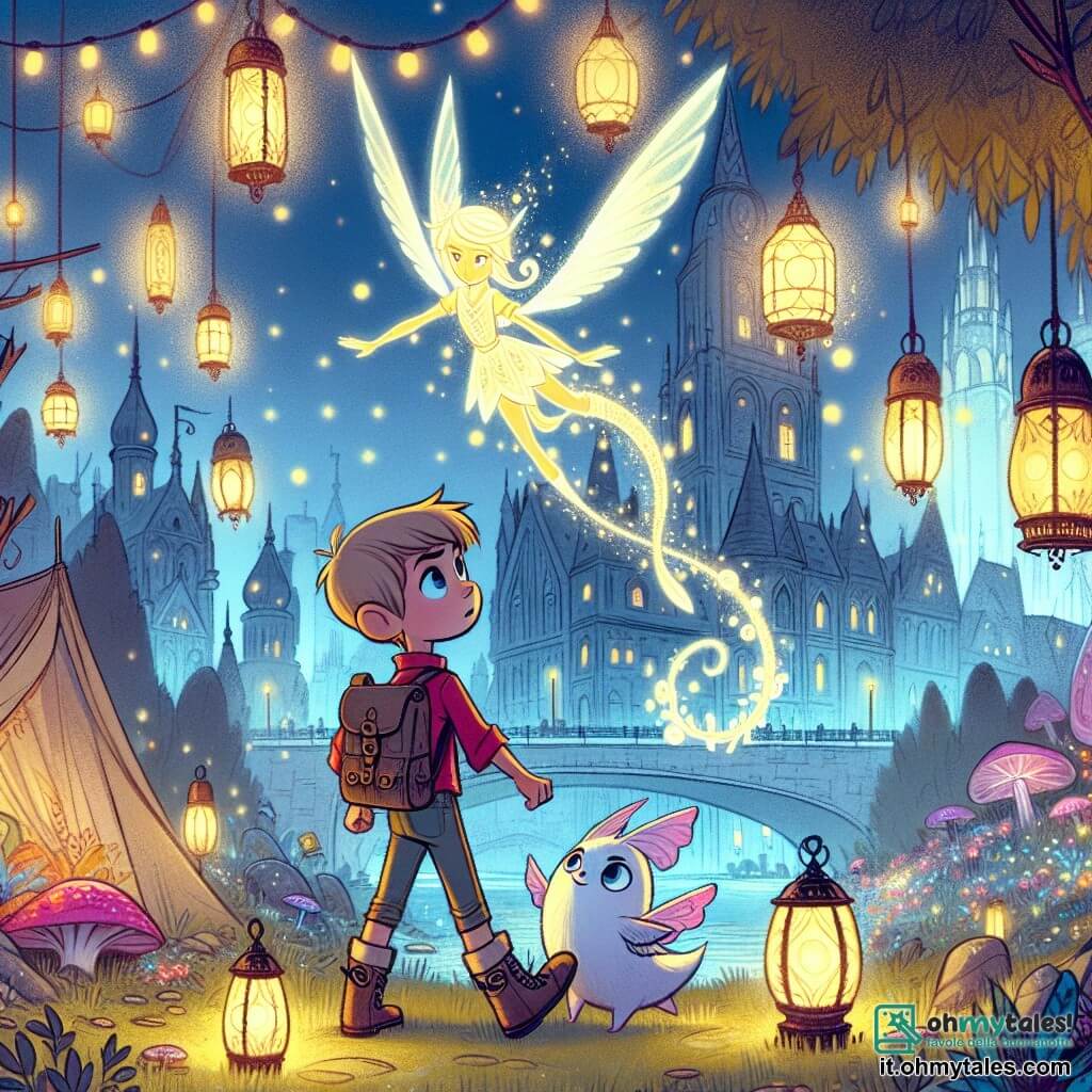 Une illustration destinée aux enfants représentant un jeune garçon intrépide, accompagné d'un folletto lumineux, explorant un parc urbain magique rempli de lanternes incantées et de créatures fantastiques, dans la ville de Lumina où la magie et la technologie se mêlent harmonieusement.