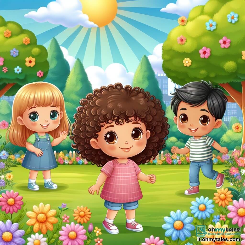 Une illustration destinée aux enfants représentant une petite fille aux cheveux bouclés, découvrant la diversité en jouant avec une autre petite fille aux cheveux lisses et un garçon aux yeux bridés, dans un parc ensoleillé rempli de fleurs colorées et d'arbres majestueux.