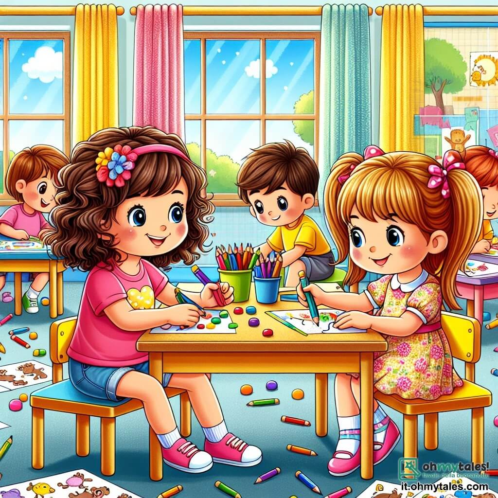 Illustrazione che rappresenta una scena gioiosa in una classe scolastica colorata. Le pareti sono dipinte di giallo e blu, decorate con disegni di animali e lettere dell'alfabeto. Grandi finestre lasciano entrare la luce del sole, illuminando i volti dei bambini. In primo piano, tre ragazze di circa 8 anni sono sedute a un tavolo. La prima ragazza, con i capelli castani e ricci, indossa una maglietta rosa e un pantaloncino di jeans. Sorride con entusiasmo mentre tiene una matita colorata. La seconda ragazza, con capelli biondi e lisci, indossa un vestito a fiori e guarda attentamente un disegno che ha fatto. La terza ragazza, con capelli castani raccolti in due codini, sta contando dei sassolini colorati sul tavolo, con un'espressione concentrata. La scena principale mostra le tre amiche che giocano a un gioco educativo, usando i sassolini per creare storie mentre imparano a contare. Fogli di carta con disegni colorati sono sparsi sul tavolo e matite di tutti i colori sono disposte intorno a loro. Sullo sfondo, altri bambini giocano e ridono, creando un'atmosfera gioiosa e conviviale.