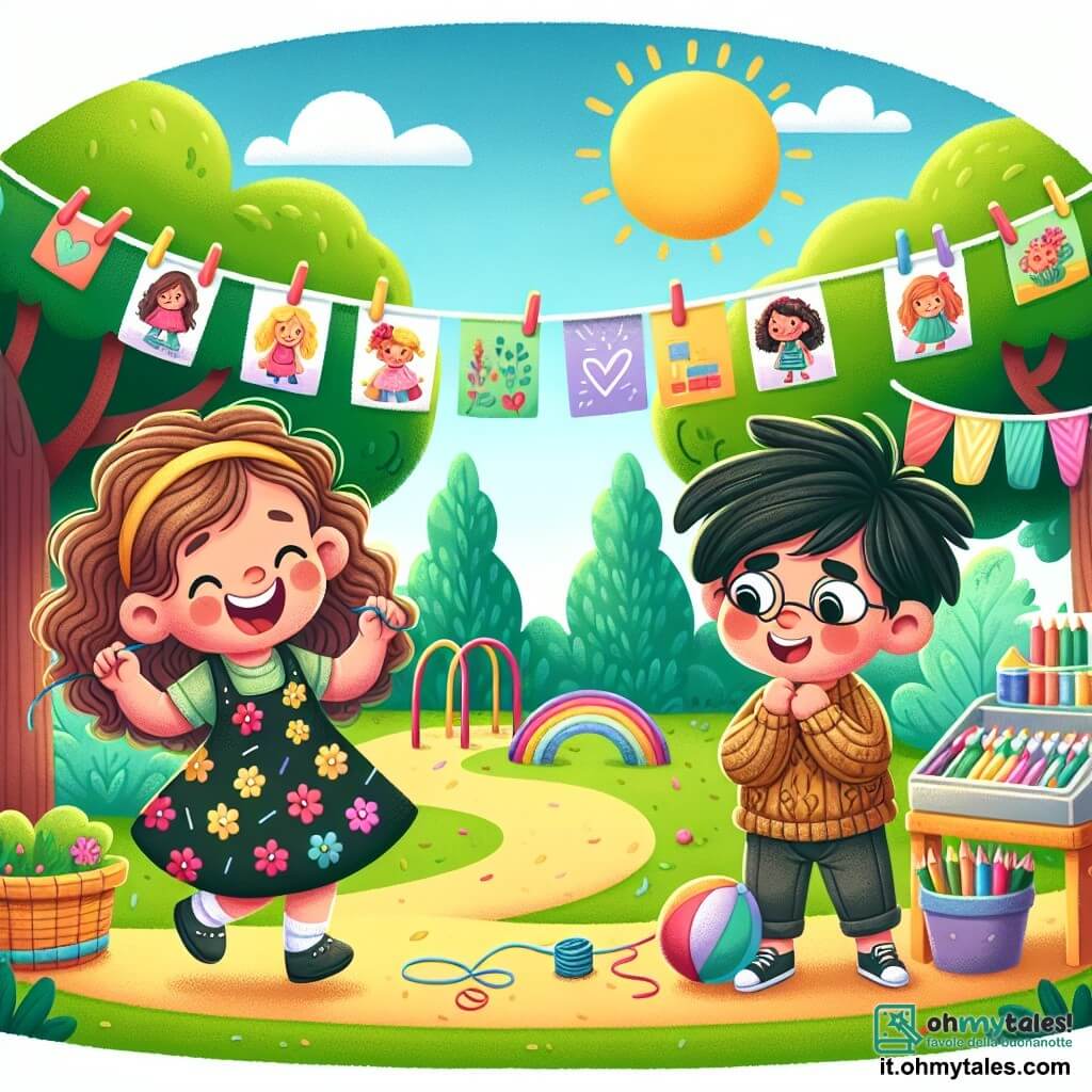 Une illustration sous forme de dessin destinée aux enfants représentant un petit parc ensoleillé avec des arbres verdoyants et une aire de jeux colorée, où une fille de 8 ans aux cheveux bruns et bouclés, vêtue d'une robe à fleurs, sourit joyeusement en jouant avec une balle, tandis qu'un garçon de 8 ans aux cheveux noirs et en maglione usé l'observe avec un regard timide, illustrant leur amitié naissante alors qu'ils partagent des rires et des rêves d'aider les autres dans leur quartier, entourés de dessins colorés accrochés à un petit stand qu'ils ont préparé pour un marché de charité.