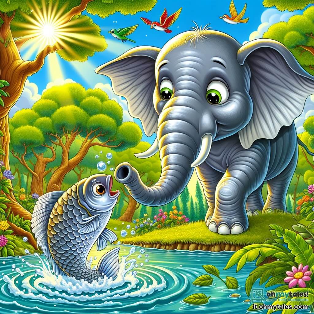 Illustrazione che rappresenta un vasto e luminoso stagno nel cuore di una foresta verdeggiante, circondato da alberi maestosi con foglie di un verde brillante e fiori colorati che danzano al vento. Sulla riva dello stagno, un grande elefante dalle orecchie a forma di vela e dalla pelle grigia, con occhi scintillanti di curiosità, si piega con la sua lunga proboscide per osservare un piccolo pesce argentato che salta fuori dall'acqua. Il pesce, dalle squame scintillanti, appare inquieto ma determinato. Sullo sfondo, uccelli colorati volano nel cielo blu, aggiungendo vita alla scena. L'elefante, con un sorriso caloroso, sembra pronto ad aiutare il pesce, creando un'atmosfera di amicizia e magia. Raggi di sole filtrano tra i rami, illuminando la scena con una dolce luce dorata, mentre bolle d'acqua si sollevano intorno al pesce, simboleggiando eccitazione e speranza.