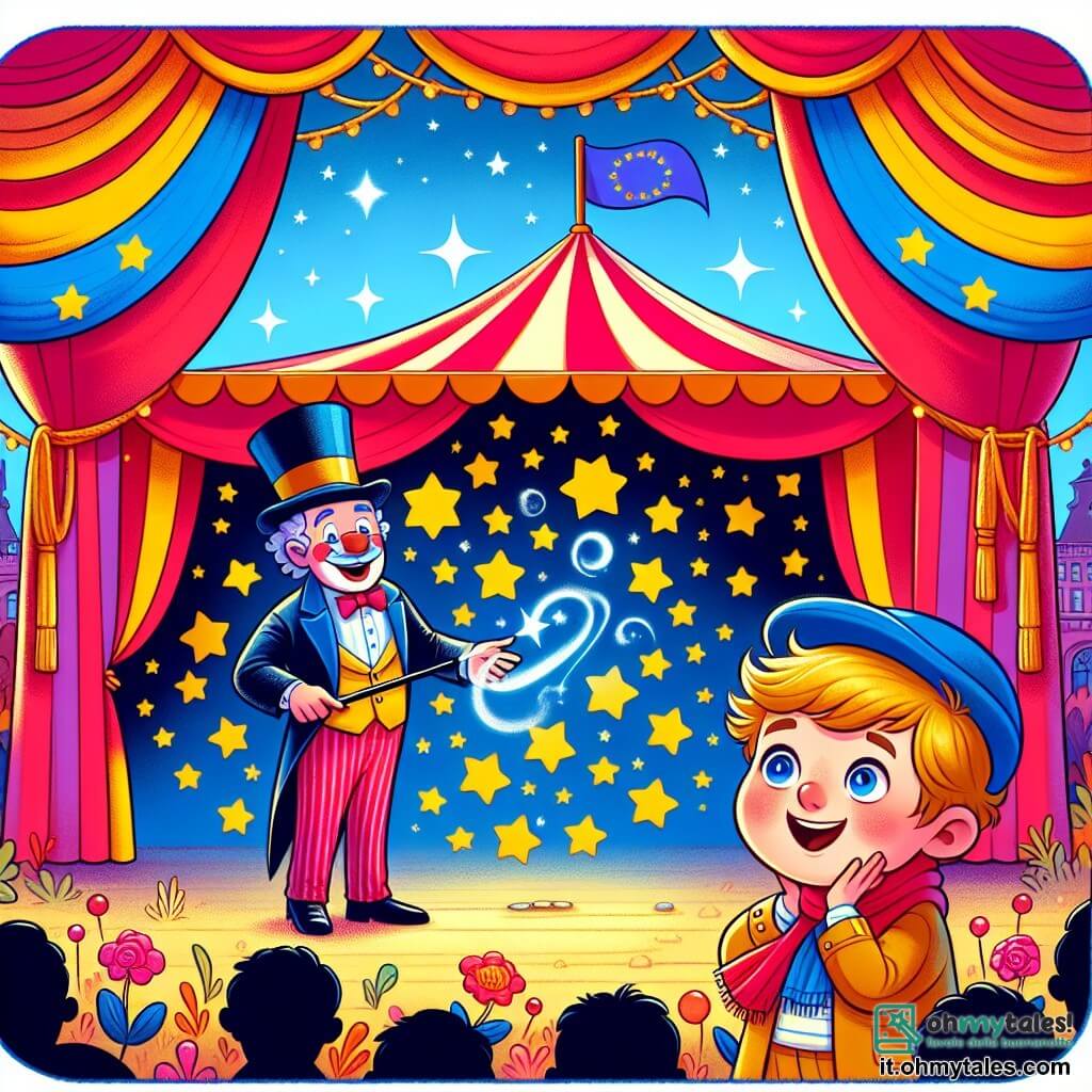Une illustration destinée aux enfants représentant un petit garçon émerveillé par les tours de magie d'un magicien extraordinaire, sous le grand chapiteau coloré du Circo dei Sorrisi.