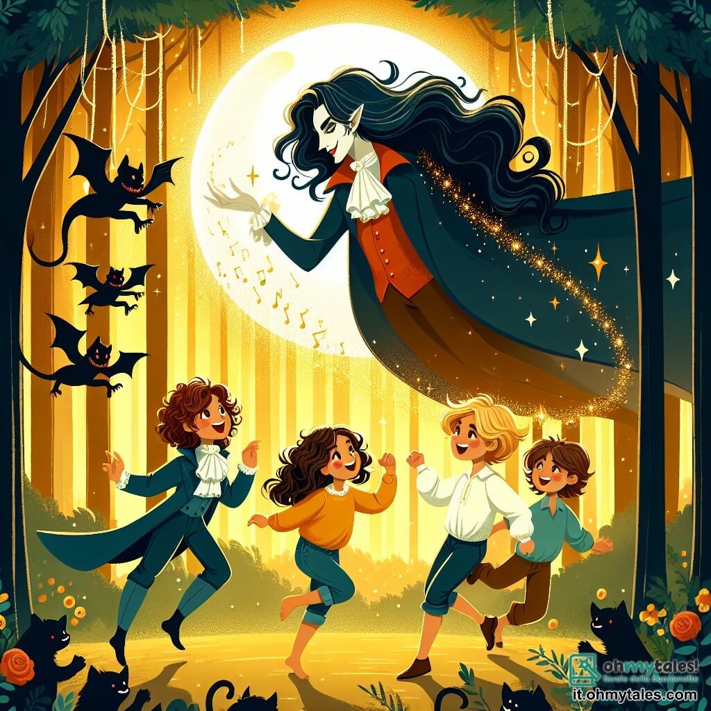 Une illustration sous forme de dessin destinée aux enfants représentant une forêt enchantée baignée de lumière dorée, avec un vampire élégant aux longs cheveux noirs et aux yeux scintillants, flottant gracieusement au-dessus d'un groupe d'enfants courageux, un garçon aux cheveux bouclés et une fille aux cheveux blonds, qui chantent ensemble pour repousser l'ombre menaçante d'un vampire maléfique, tandis que des créatures féeriques dansent autour d'eux, ajoutant une touche de magie à cette scène d'aventure fantastique.