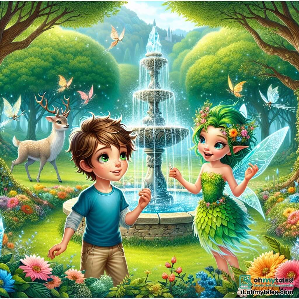 Illustrazione che rappresenta un'incantevole radura circondata da alberi maestosi con foglie di un verde brillante, con fiori colorati sparsi sul terreno. Al centro, una fontana di cristallo scintillante, da cui l'acqua zampilla in bagliori luminosi, creando un delicato arcobaleno nell'aria. Un ragazzo di circa 8 anni, con capelli castani arruffati e occhi pieni di curiosità, si trova davanti alla fontana. Indossa una maglietta blu e pantaloni corti beige, e il suo volto esprime meraviglia e determinazione. Accanto a lui, un piccolo folletto di genere femminile, con capelli verdi vivaci e ali traslucide, sorride gioiosamente. Indossa un vestito fatto di petali di fiori e sembra pronta a guidare il ragazzo nella sua avventura. La scena principale mostra il ragazzo, gli occhi chiusi, mentre esprime un desiderio alla fontana, mentre il folletto lo incoraggia con un gesto amichevole. Creature magiche, come un cervo argentato e farfalle colorate, fluttuano attorno a loro, aggiungendo un tocco di magia alla scena. L'atmosfera è luminosa e gioiosa, piena di colori vivaci e di un'atmosfera fiabesca.