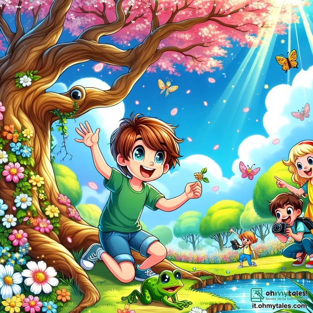 Illustration destinée aux enfants représentant un parc en pleine floraison au printemps, avec des arbres majestueux recouverts de fleurs roses et blanches, et un ciel bleu éclatant parsemé de nuages moelleux. Au centre, un garçon de 9 ans aux cheveux châtains et aux yeux pétillants, vêtu d'un t-shirt vert et de shorts, s'accroupit avec un sourire émerveillé, tenant une petite clé dorée qu'il vient de trouver parmi les racines d'un grand arbre. À ses côtés, deux amis : une fille aux cheveux longs et blonds, portant une robe jaune, qui prend des photos avec sa caméra, et un garçon aux cheveux bruns, vêtu d'un t-shirt bleu, qui pointe du doigt une petite grenouille verte sautant près d'un étang scintillant. L'atmosphère est joyeuse et pleine de découvertes, avec des fleurs colorées qui dansent au vent et des oiseaux chantant dans les branches.