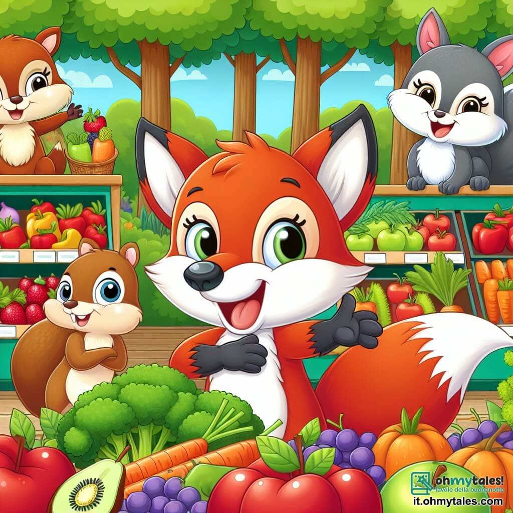Une illustration destinée aux enfants représentant un malicieux renard roux, un joyeux écureuil et une charmante renarde, dans un supermarché de la forêt rempli de fruits colorés, légumes frais et sucreries appétissantes.